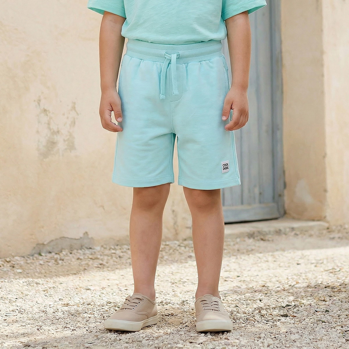 Juniors Knee Length Drawstring Waist Shorts with Slogan Patch-boys-clothing-bottoms-shorts-image-1