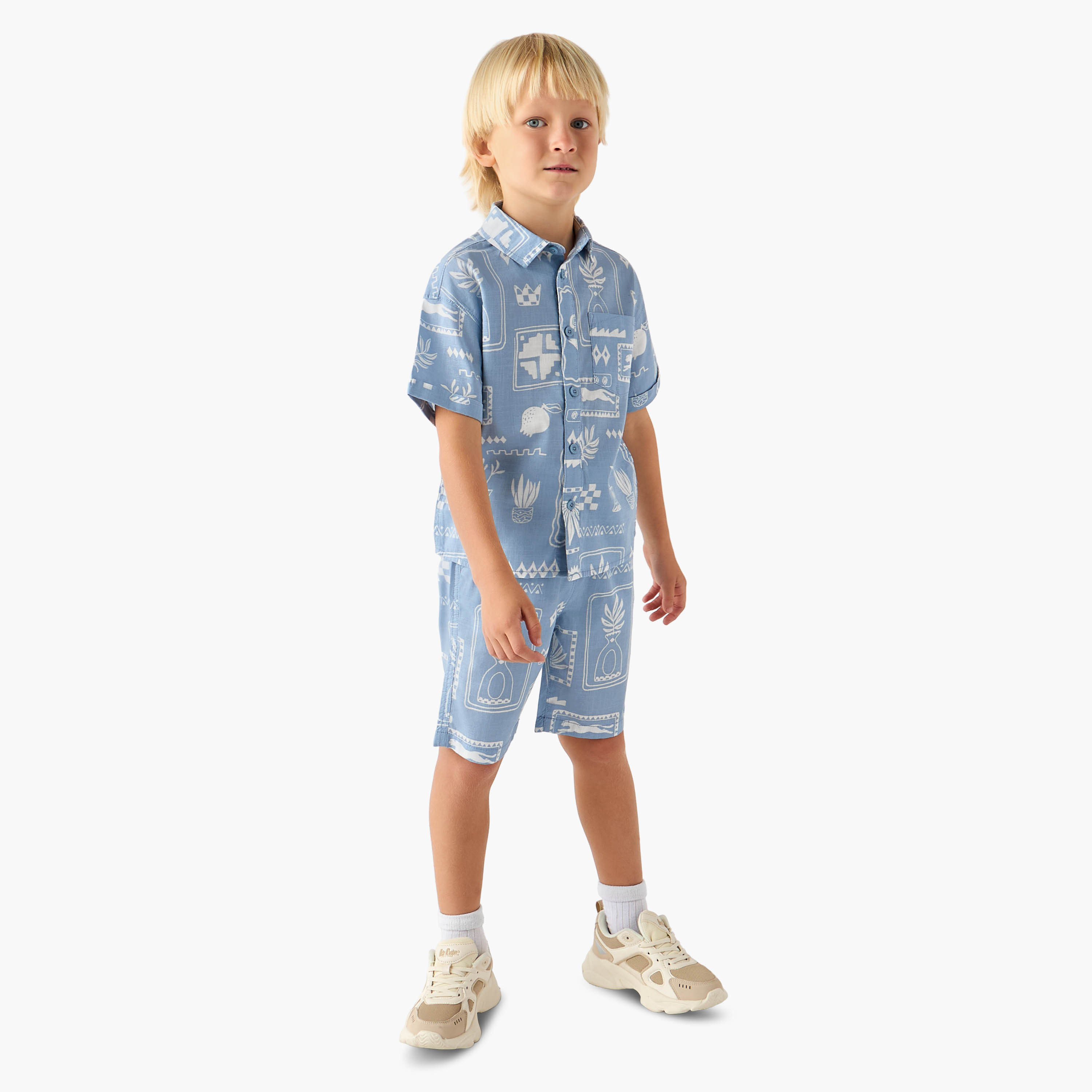 Juniors Collared Short Sleeves Shirt and Shorts Set with Fun Print-baby-boys-clothing-setsandcoords-image-1