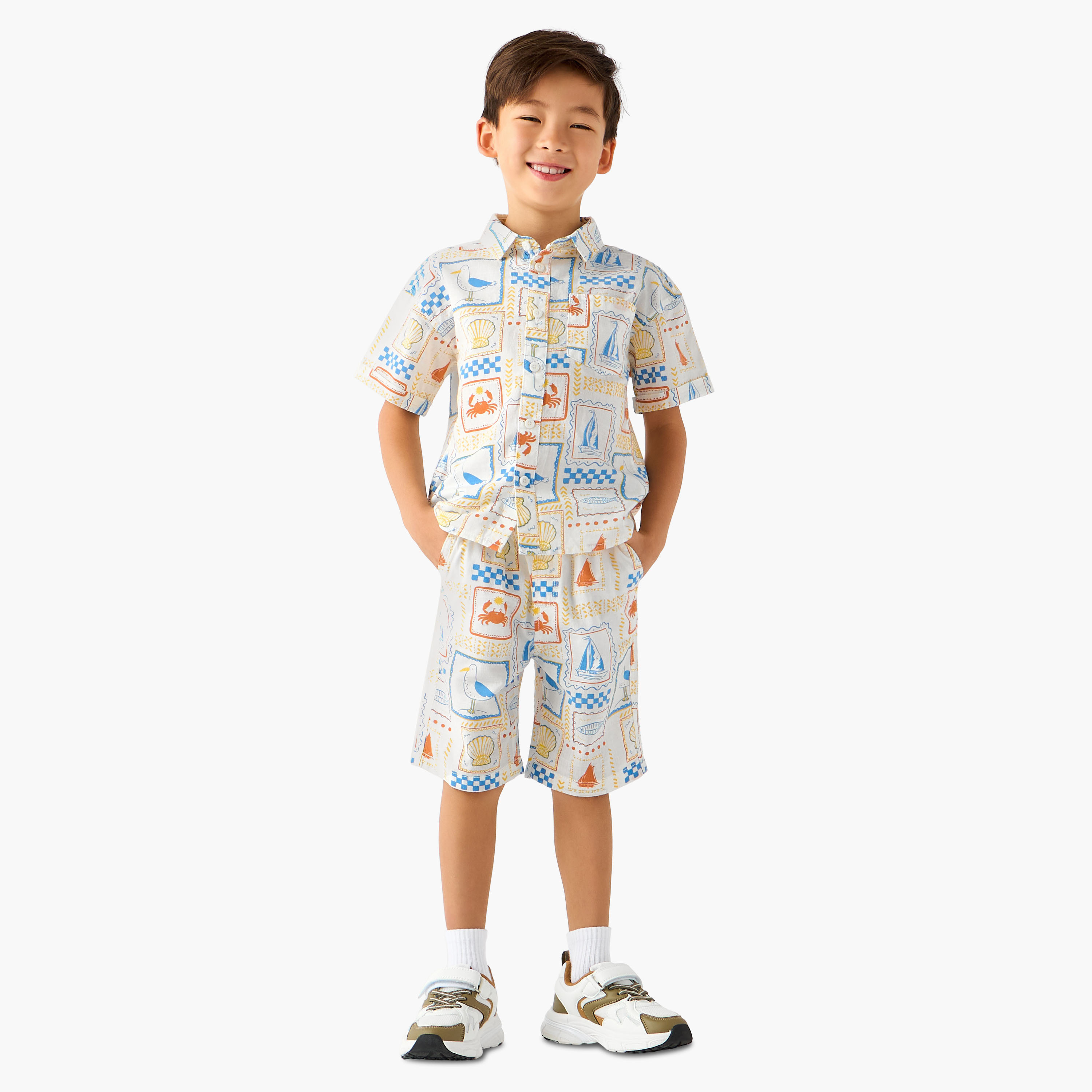 Juniors Collared Short Sleeves Shirt and Shorts Set with Fun Print-baby-boys-clothing-setsandcoords-image-1