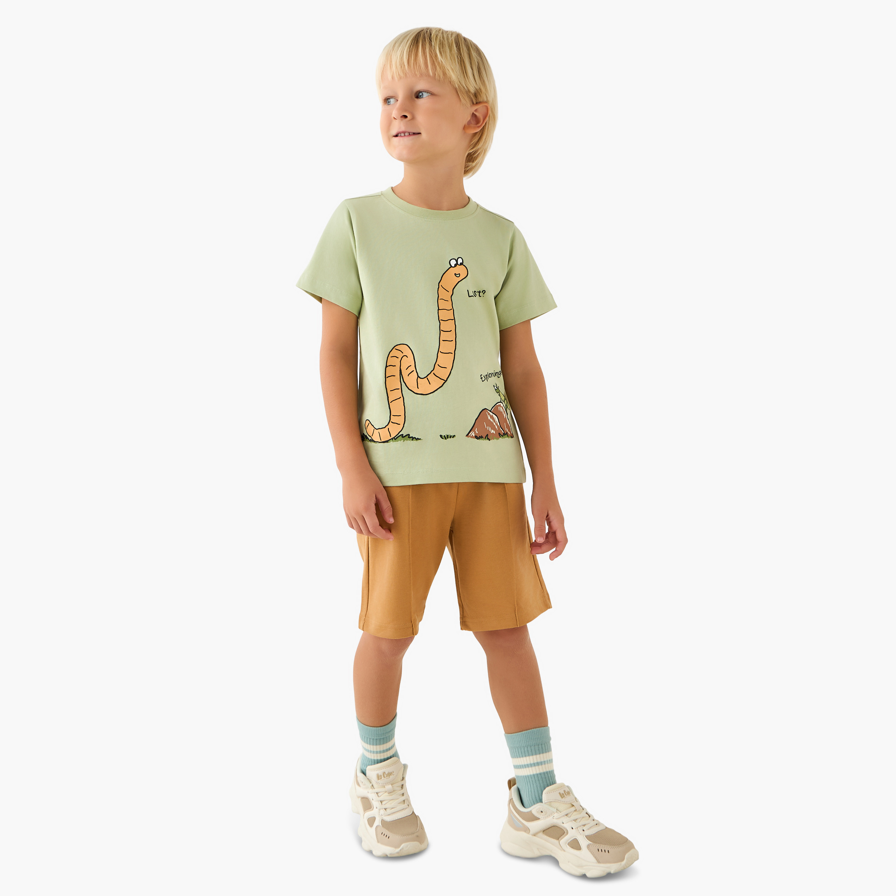 Juniors Crew Neck Short Sleeve T-shirt and Shorts Set with Worm Print-baby-boys-clothing-setsandcoords-image-1