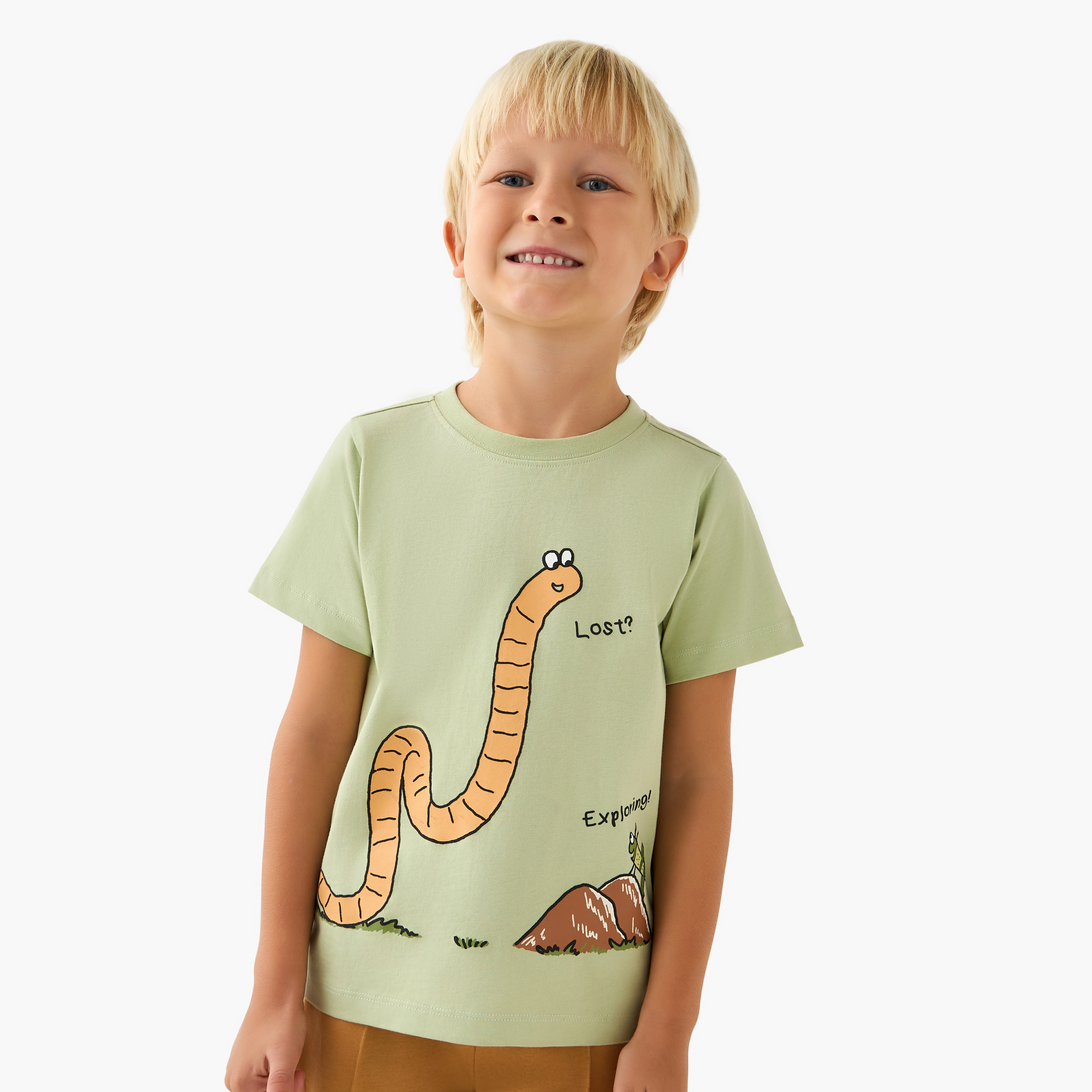 Juniors Crew Neck Short Sleeve T-shirt and Shorts Set with Worm Print-baby-boys-clothing-setsandcoords-image-2