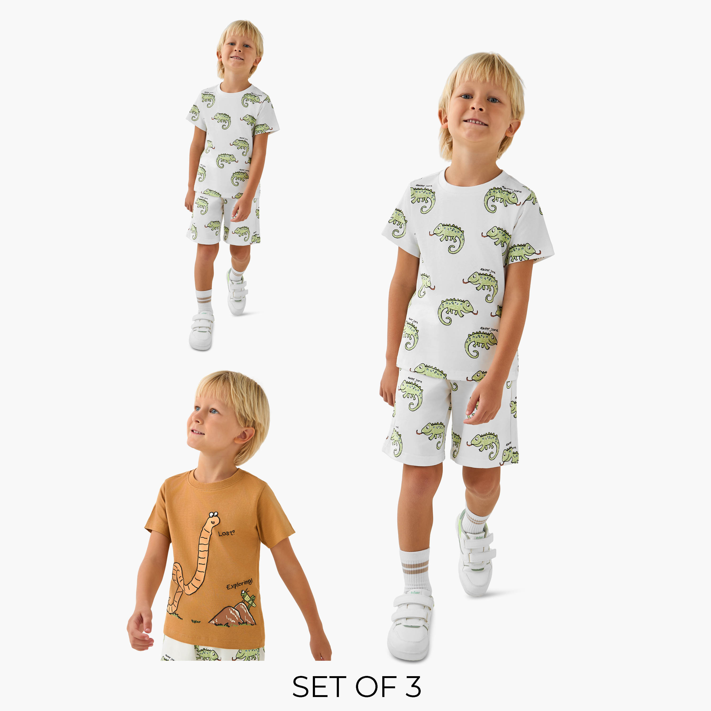 Set of 3 Juniors Crew Neck Short Sleeves T-shirt and Shorts Set with Animal Print-boys-clothing-setsandcoords-image-1