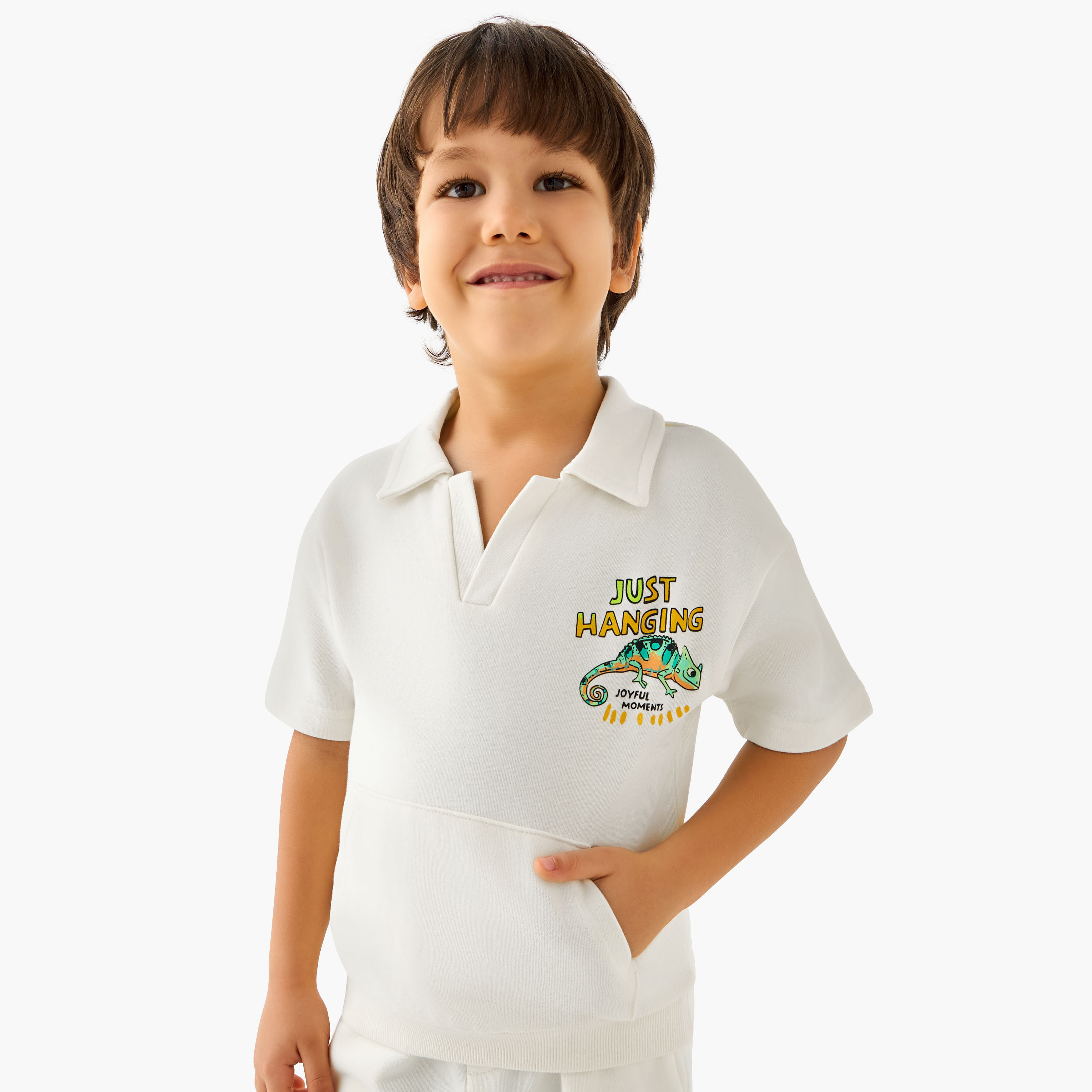 Juniors Collared Neck Short Sleeve Polo T-shirt and Shorts Set with Chameleon Print-boys-clothing-setsandcoords-image-2