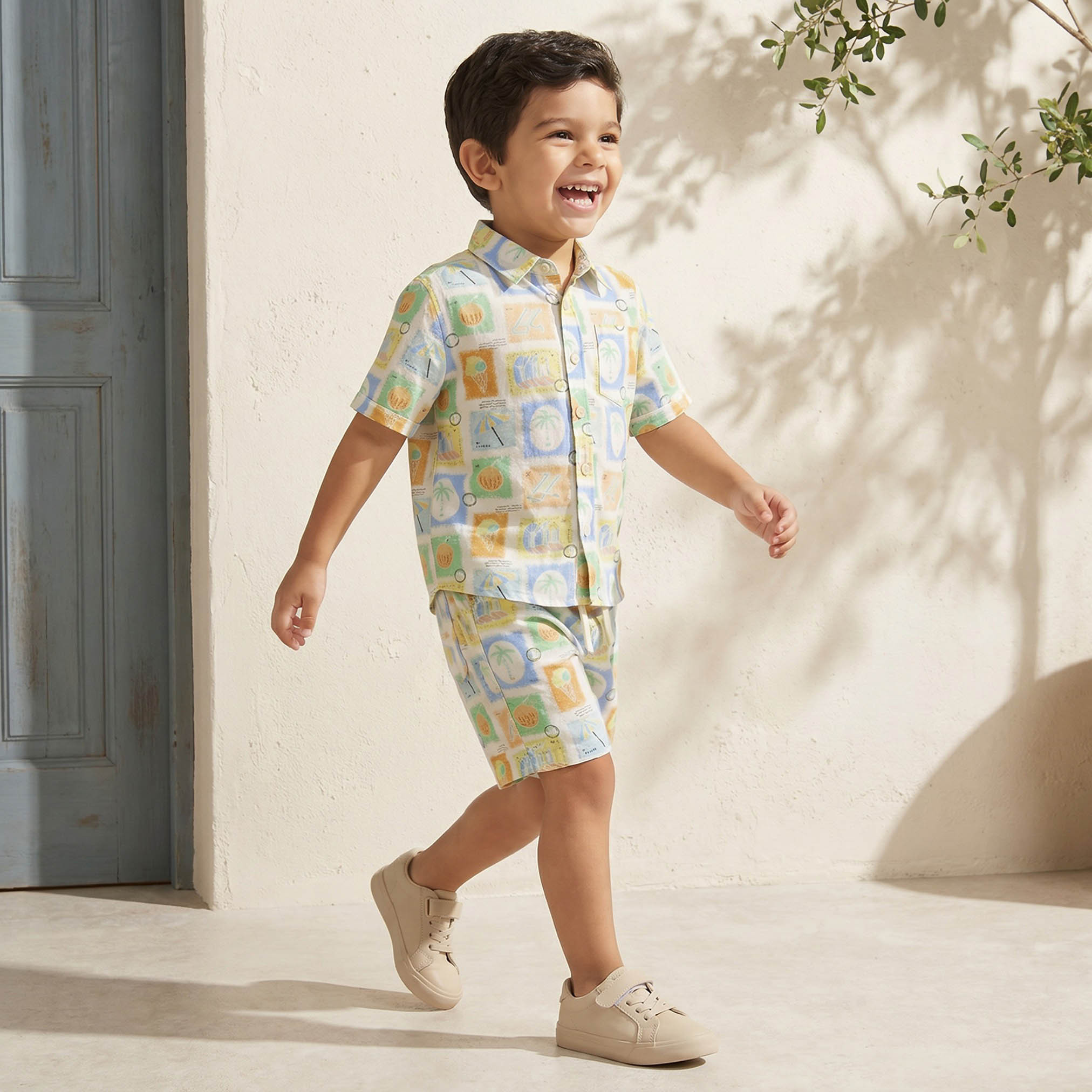 Juniors Collared Short Sleeves Shirt and Shorts Set with Tile Print-boys-clothing-setsandcoords-image-1