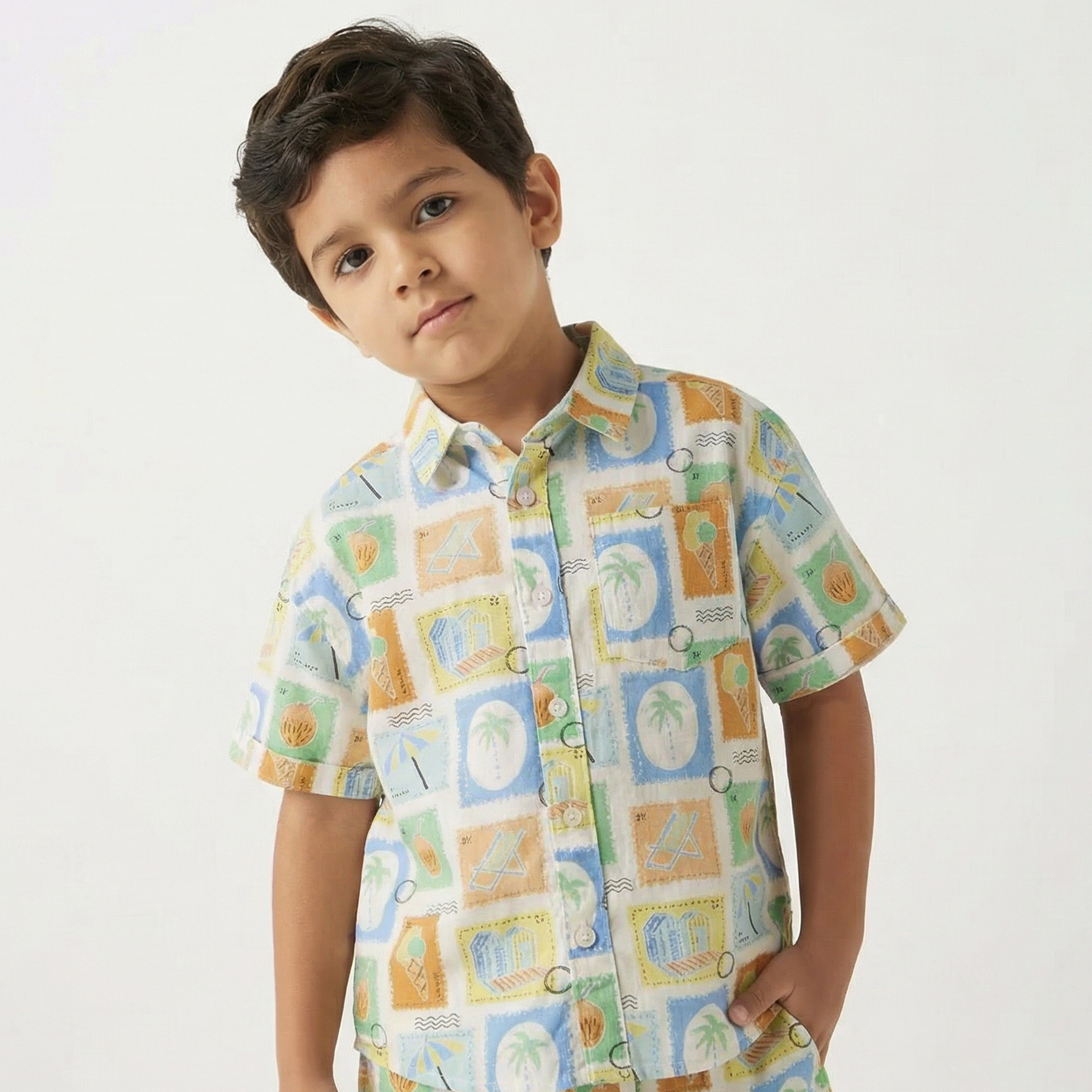 Juniors Collared Short Sleeves Shirt and Shorts Set with Tile Print-boys-clothing-setsandcoords-image-2