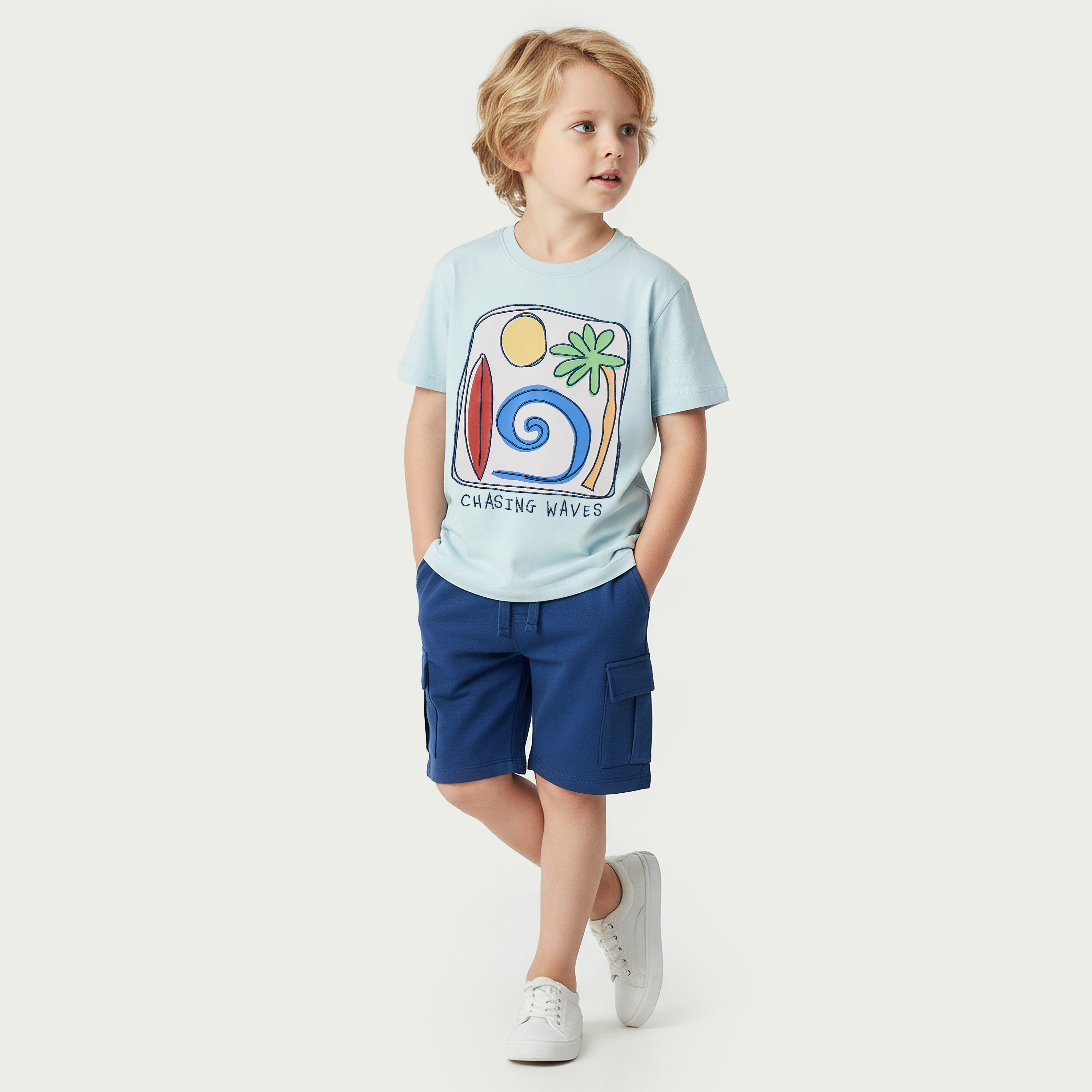 Juniors Crew Neck Short Sleeves T-shirt and Shorts Set with Graphic Print-boys-clothing-setsandcoords-image-1