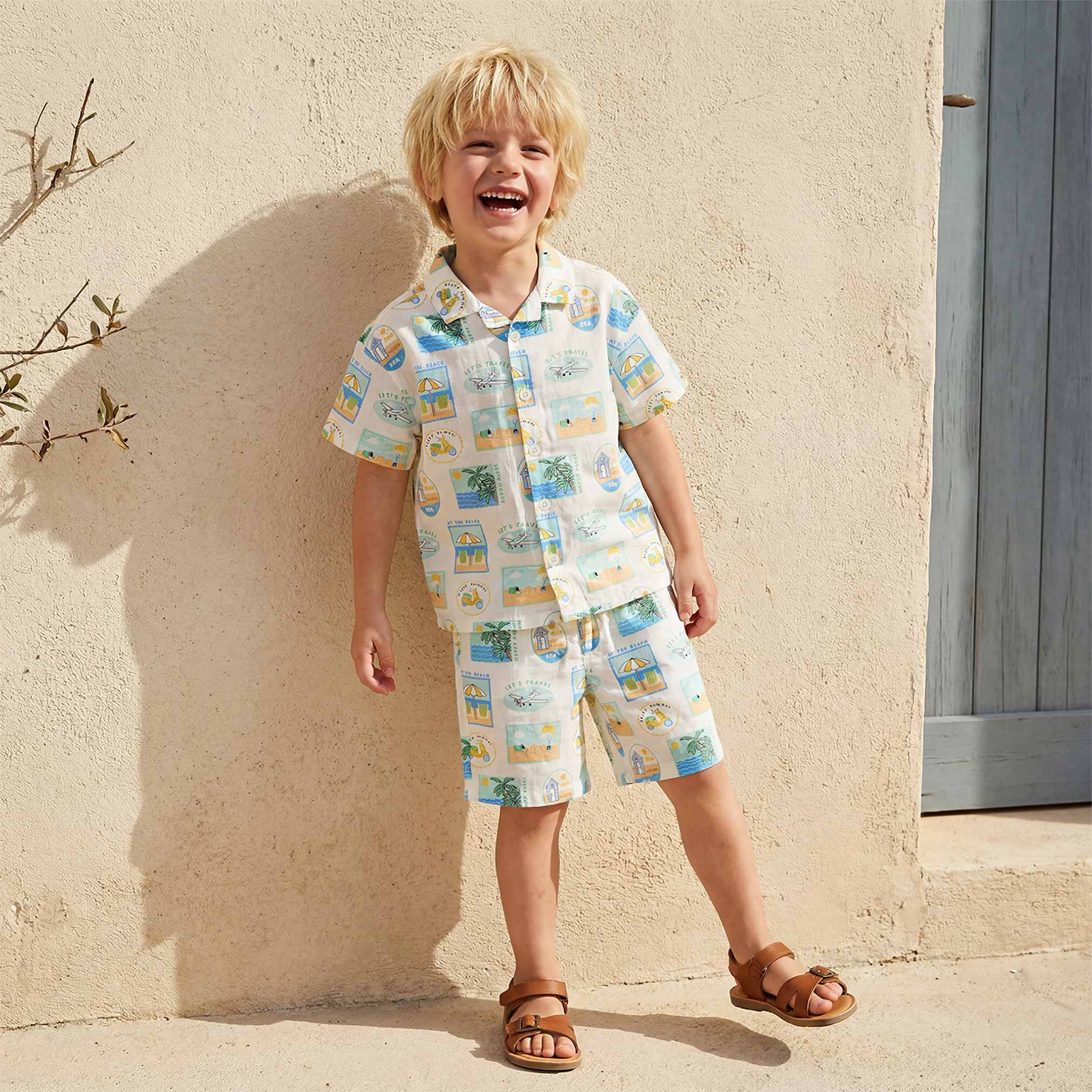 Juniors Camp Collar Short Sleeve Shirt and Shorts Set with Beach Vacation Print-boys-clothing-setsandcoords-image-1