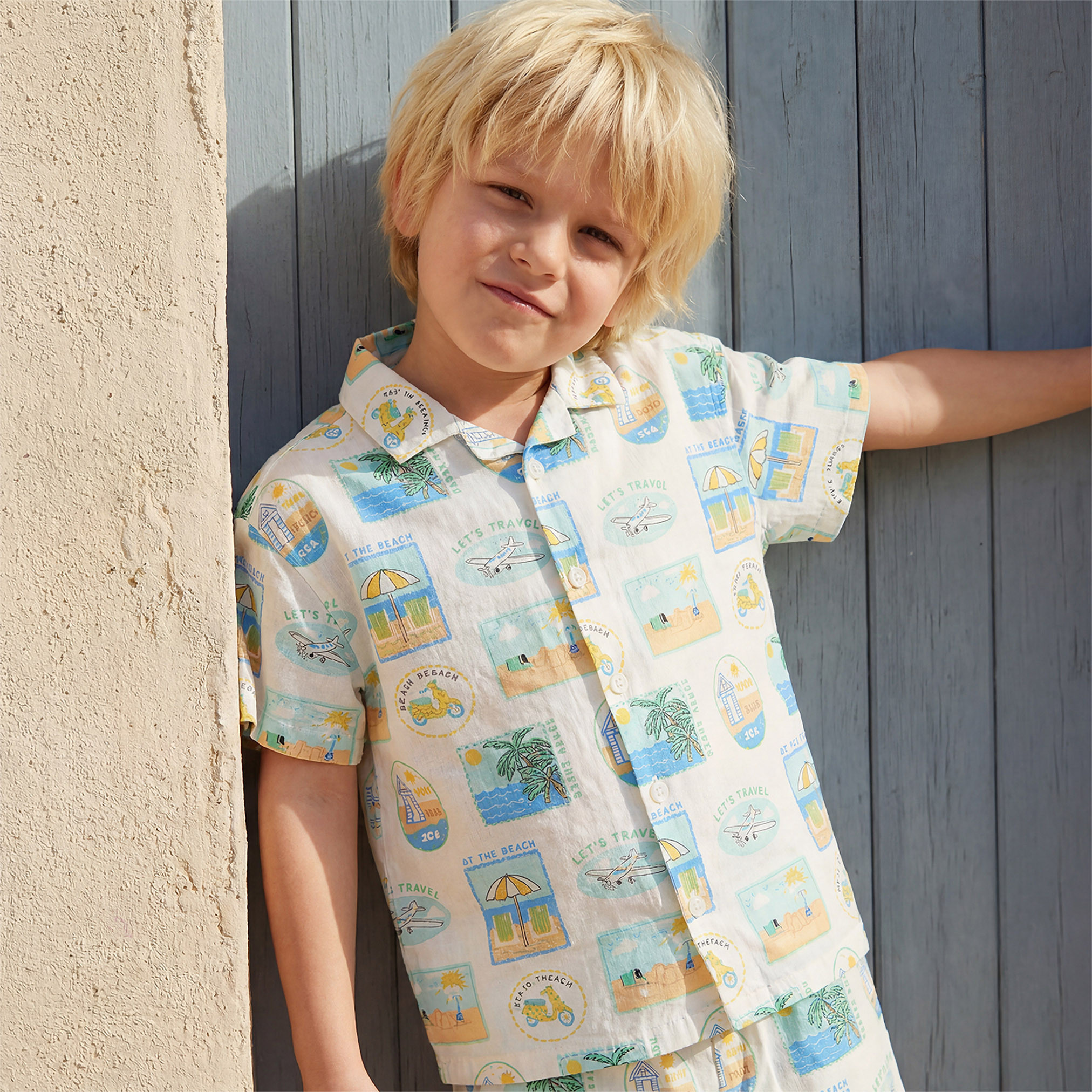 Juniors Camp Collar Short Sleeve Shirt and Shorts Set with Beach Vacation Print-boys-clothing-setsandcoords-image-2