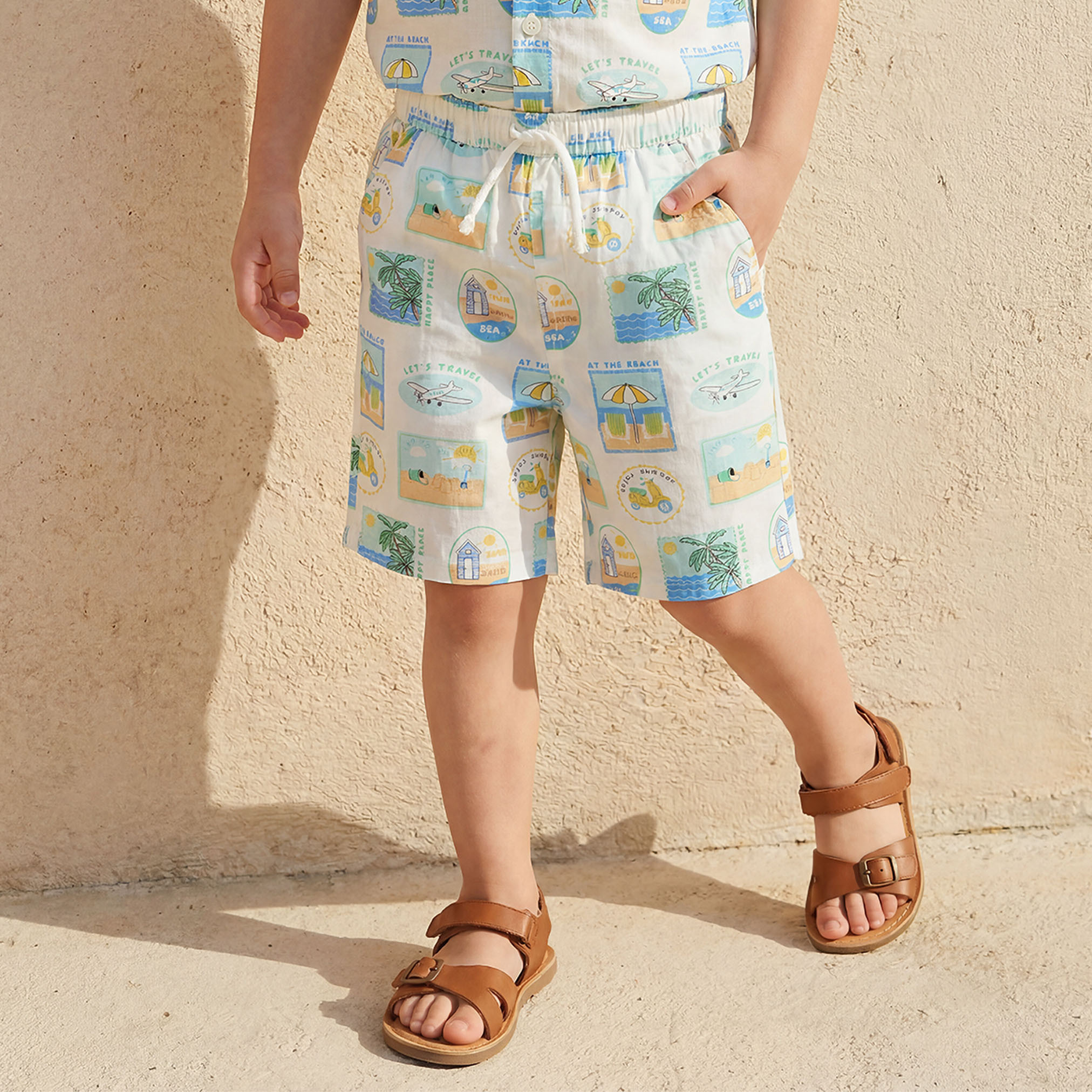 Juniors Camp Collar Short Sleeve Shirt and Shorts Set with Beach Vacation Print-boys-clothing-setsandcoords-image-3