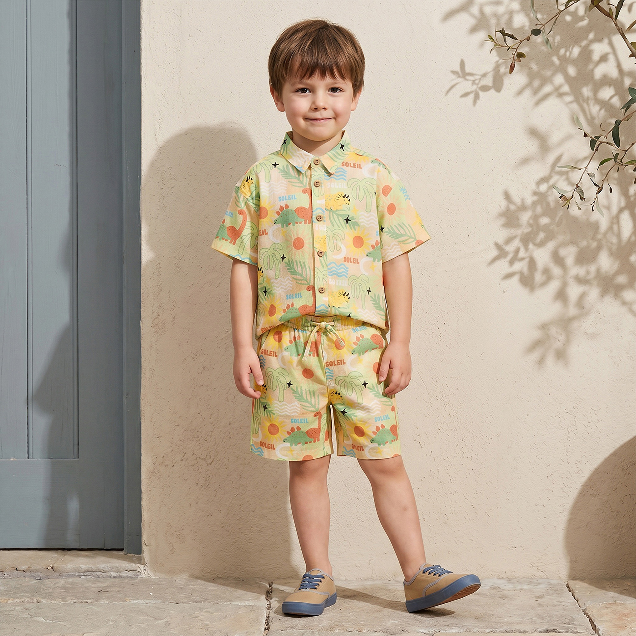 Juniors Collared Short Sleeves Shirt and Shorts Set with Tropical Print-baby-boys-clothing-setsandcoords-image-1