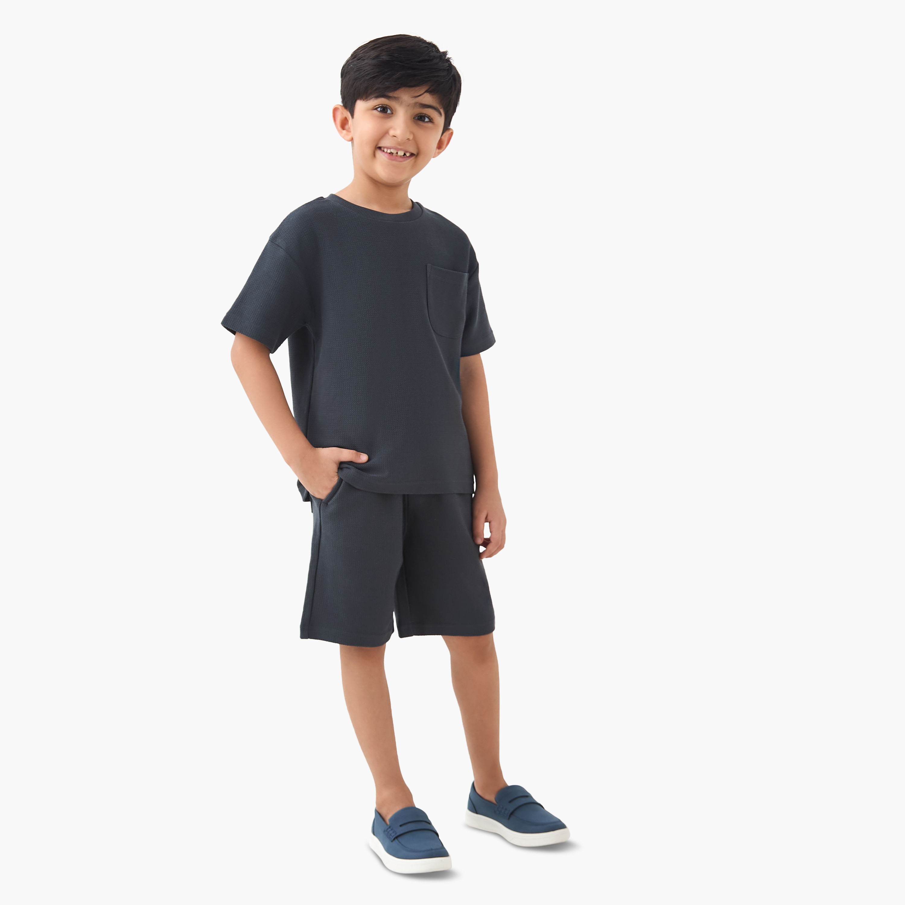Juniors Boys T-shirt and Shorts Set with Textured Detail - Cotton - Short Sleeves - Crew Neck-baby-boys-clothing-setsandcoords-image-1