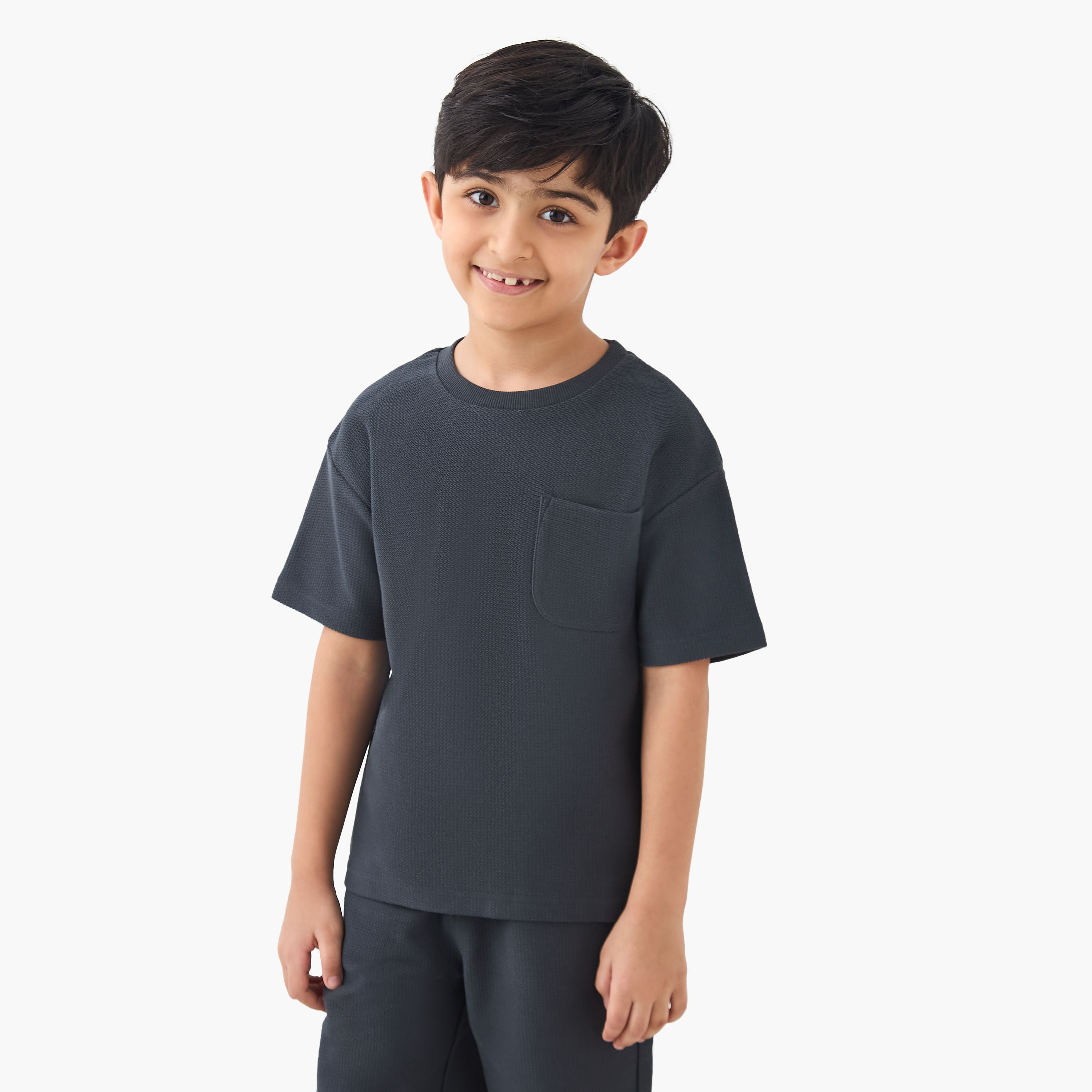 Juniors Boys T-shirt and Shorts Set with Textured Detail - Cotton - Short Sleeves - Crew Neck-baby-boys-clothing-setsandcoords-image-2