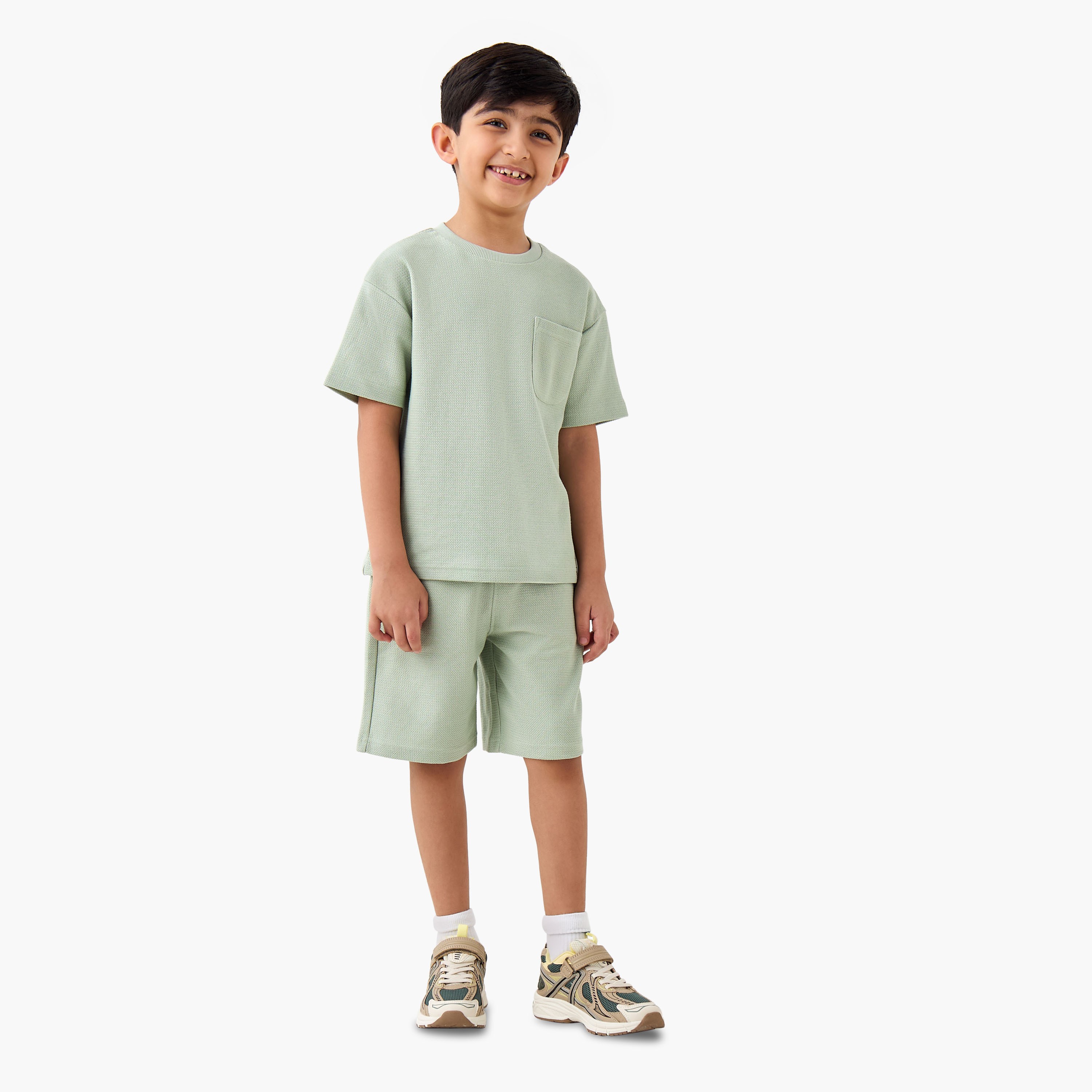 Juniors Boys T-shirt and Shorts Set with Textured Detail - Cotton - Short Sleeves - Crew Neck-boys-clothing-setsandcoords-image-1