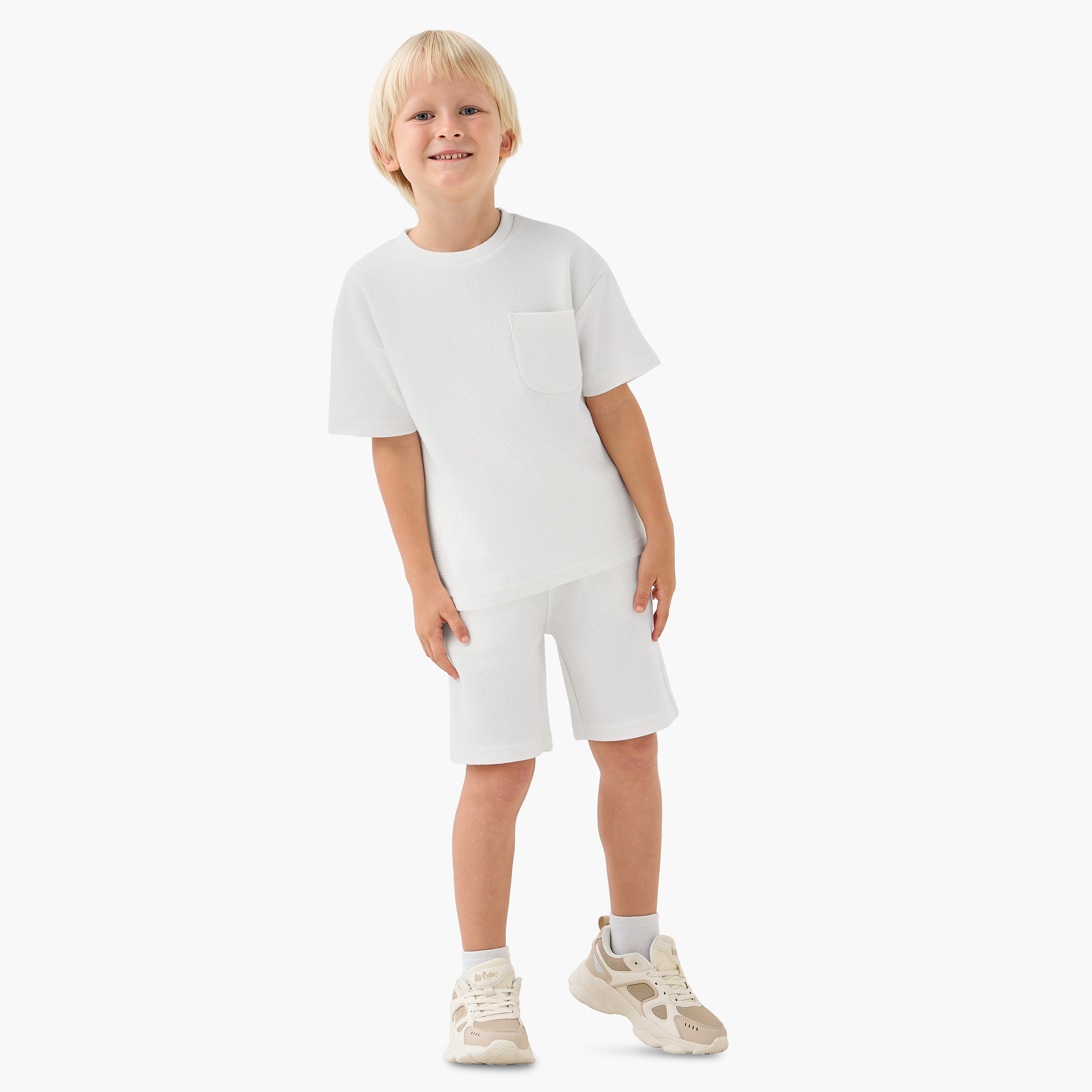 Juniors Boys T-shirt and Shorts Set with Textured Detail - Cotton - Short Sleeves - Crew Neck-boys-clothing-setsandcoords-image-1