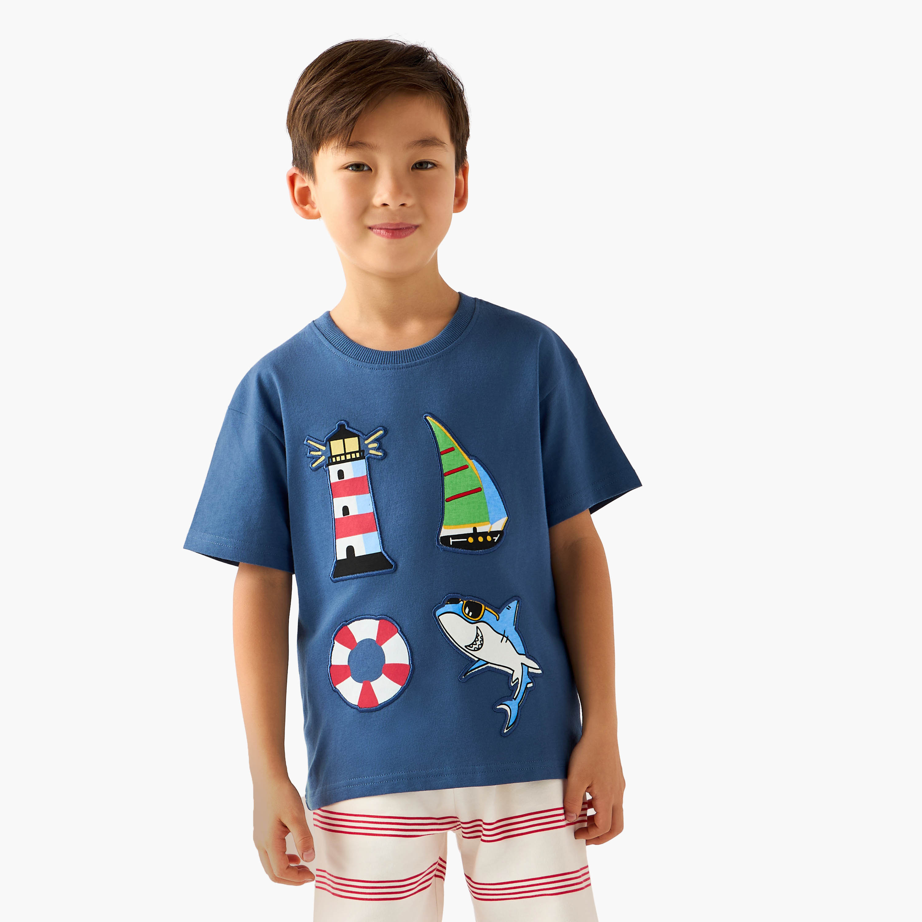 Set of 3 Juniors Crew Neck Short Sleeve T-shirt and Shorts Set with Applique Accent-boys-clothing-setsandcoords-image-2