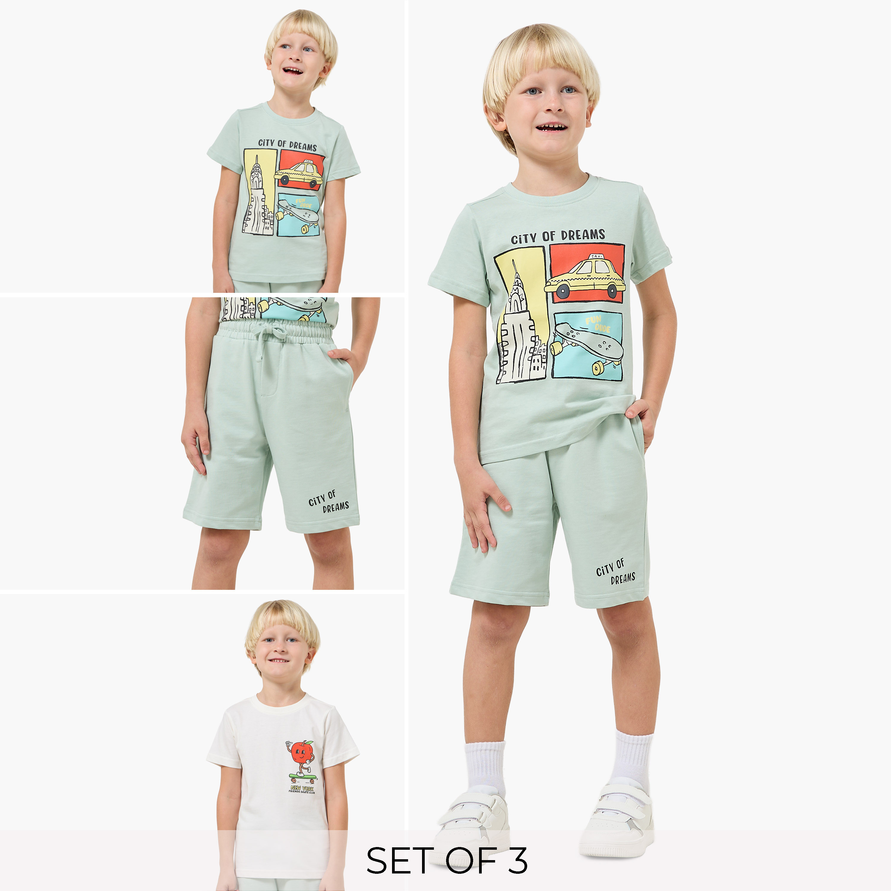 Set of 3 Juniors Crew Neck Short Sleeves T-shirt and Shorts Set with New York Print-boys-clothing-setsandcoords-image-1