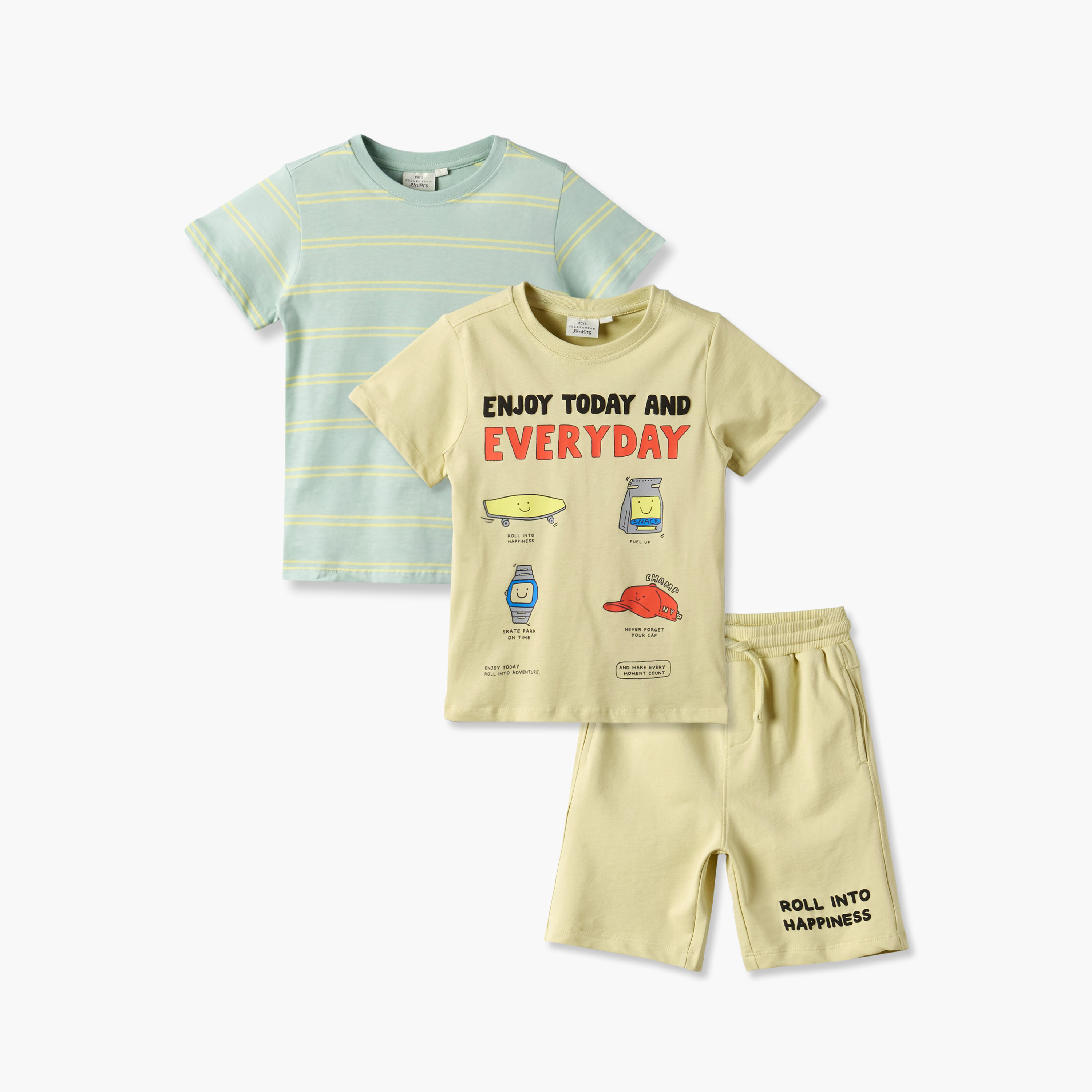 Set of 3 Juniors Crew Neck Short Sleeve T-shirt and Shorts Set with Assorted Print-boys-clothing-setsandcoords-image-1