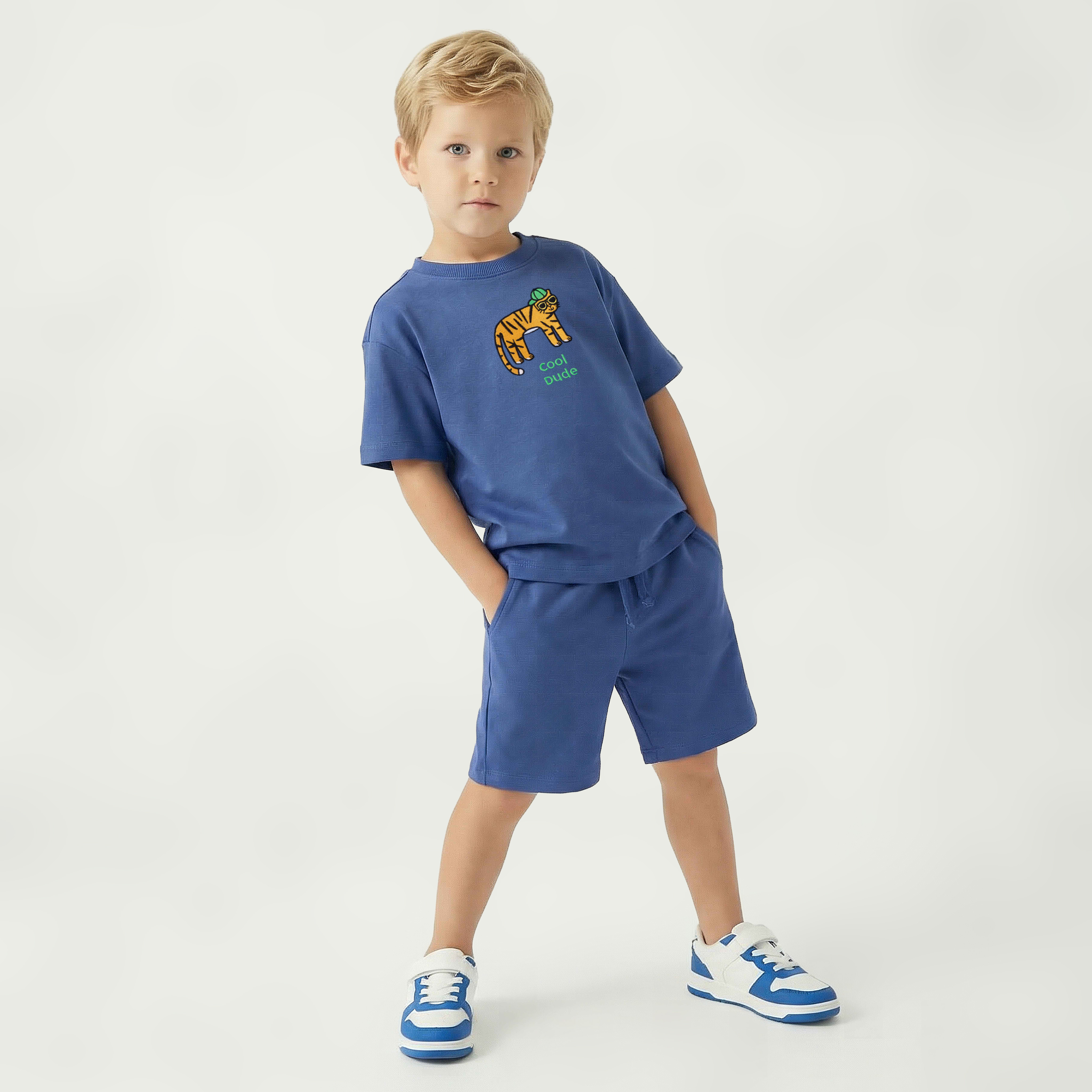 Juniors Crew Neck Short Sleeves T-shirt and Shorts Set with Tiger Embroidery-boys-clothing-setsandcoords-image-1