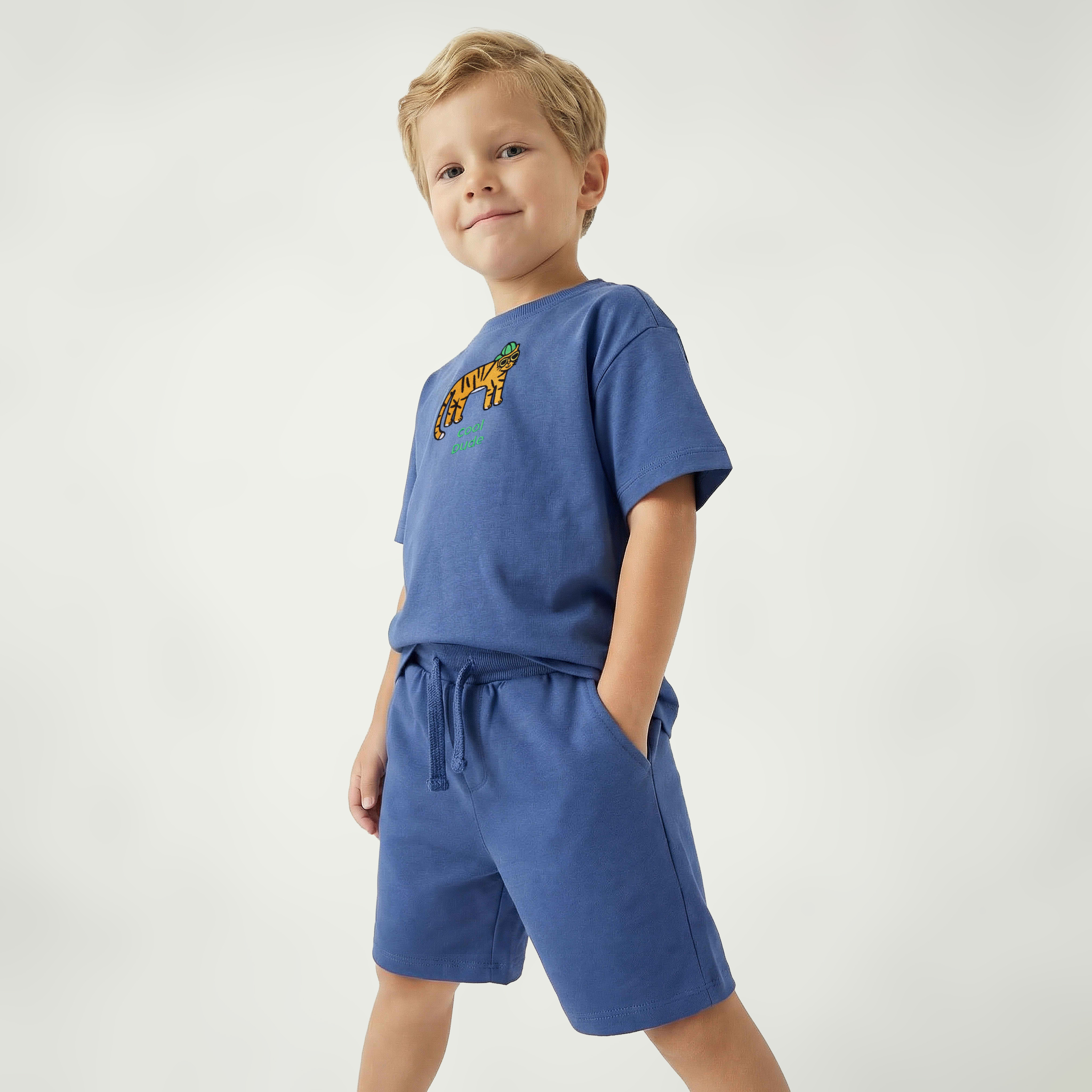 Juniors Crew Neck Short Sleeves T-shirt and Shorts Set with Tiger Embroidery-boys-clothing-setsandcoords-image-2