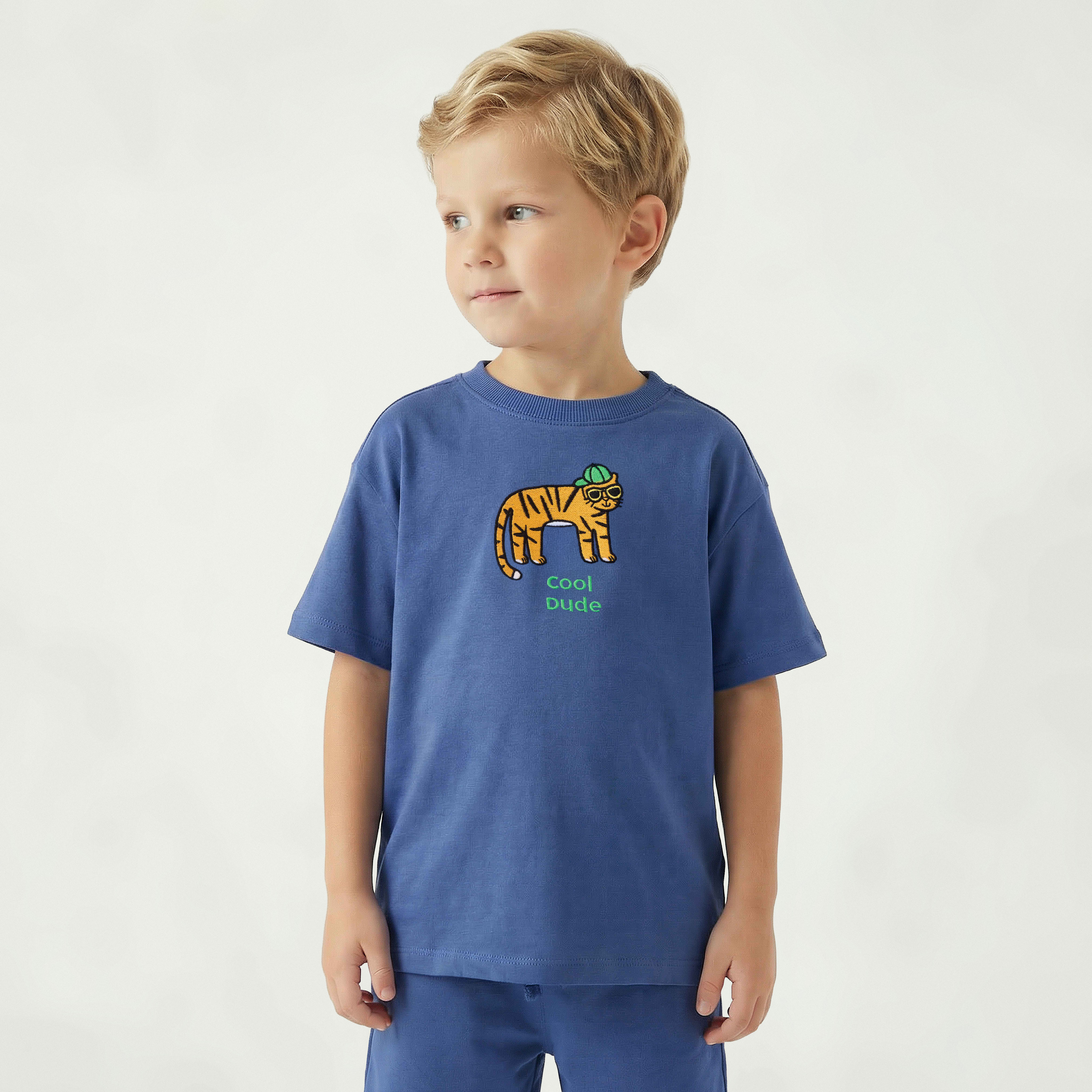 Juniors Crew Neck Short Sleeves T-shirt and Shorts Set with Tiger Embroidery-boys-clothing-setsandcoords-image-7
