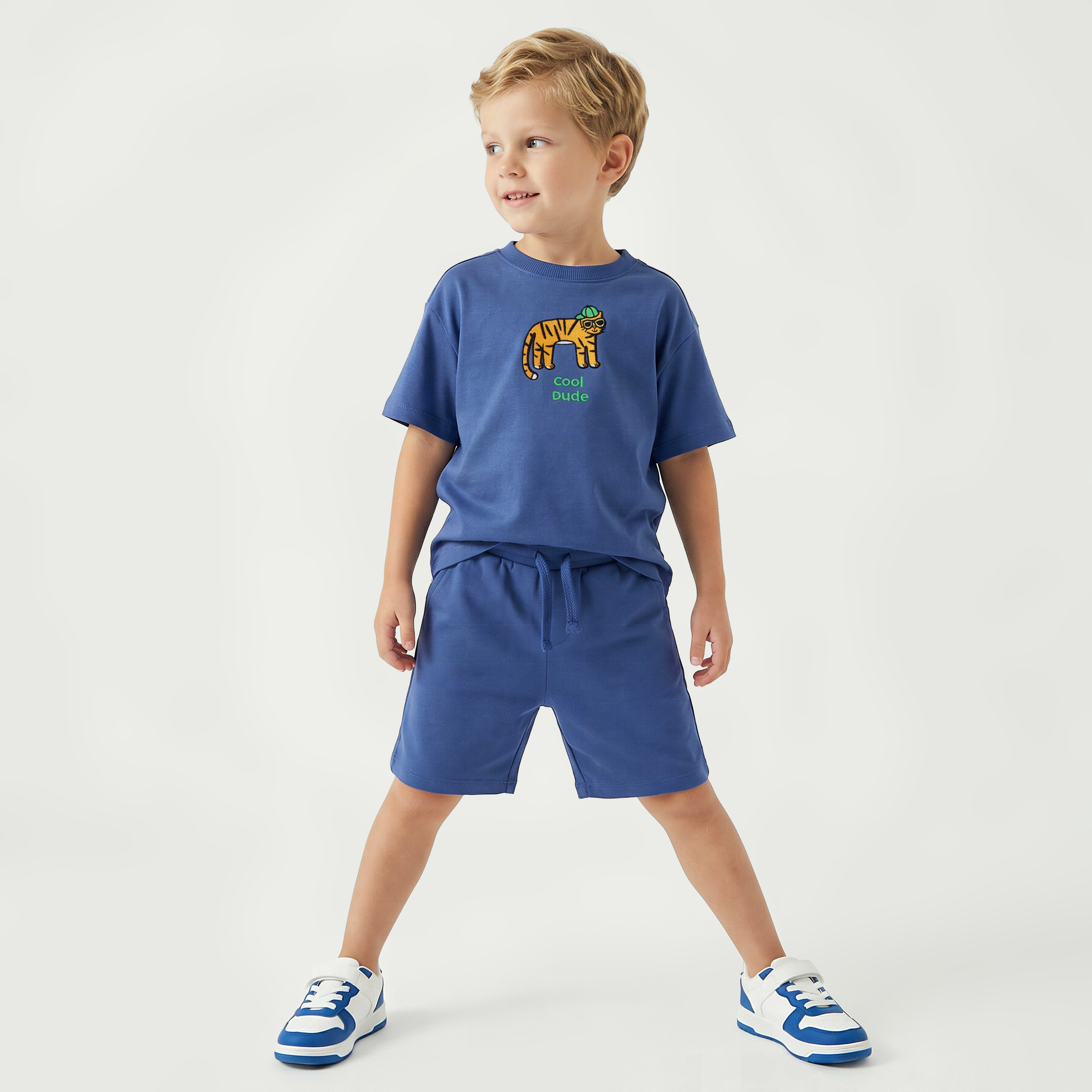 Juniors Crew Neck Short Sleeves T-shirt and Shorts Set with Tiger Embroidery-boys-clothing-setsandcoords-image-8