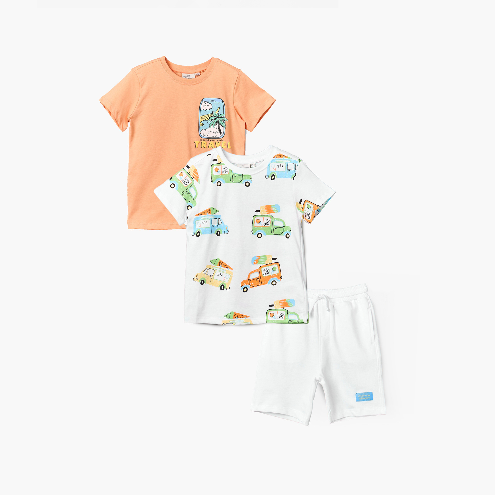 Set of 3 Juniors Crew Neck Short Sleeves T-shirt and Shorts Set with Travel Print-boys-clothing-setsandcoords-image-1