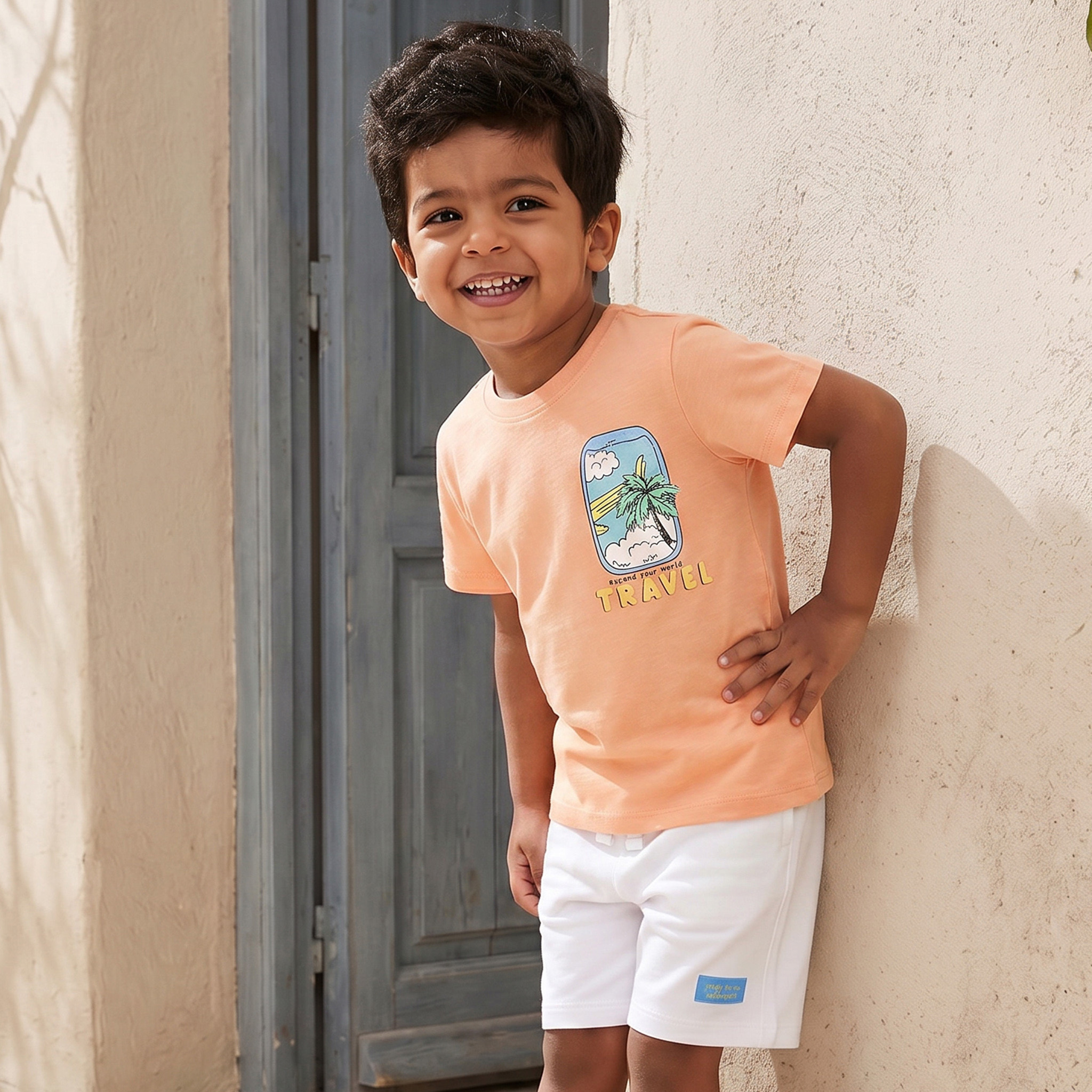 Set of 3 Juniors Crew Neck Short Sleeves T-shirt and Shorts Set with Travel Print-boys-clothing-setsandcoords-image-4
