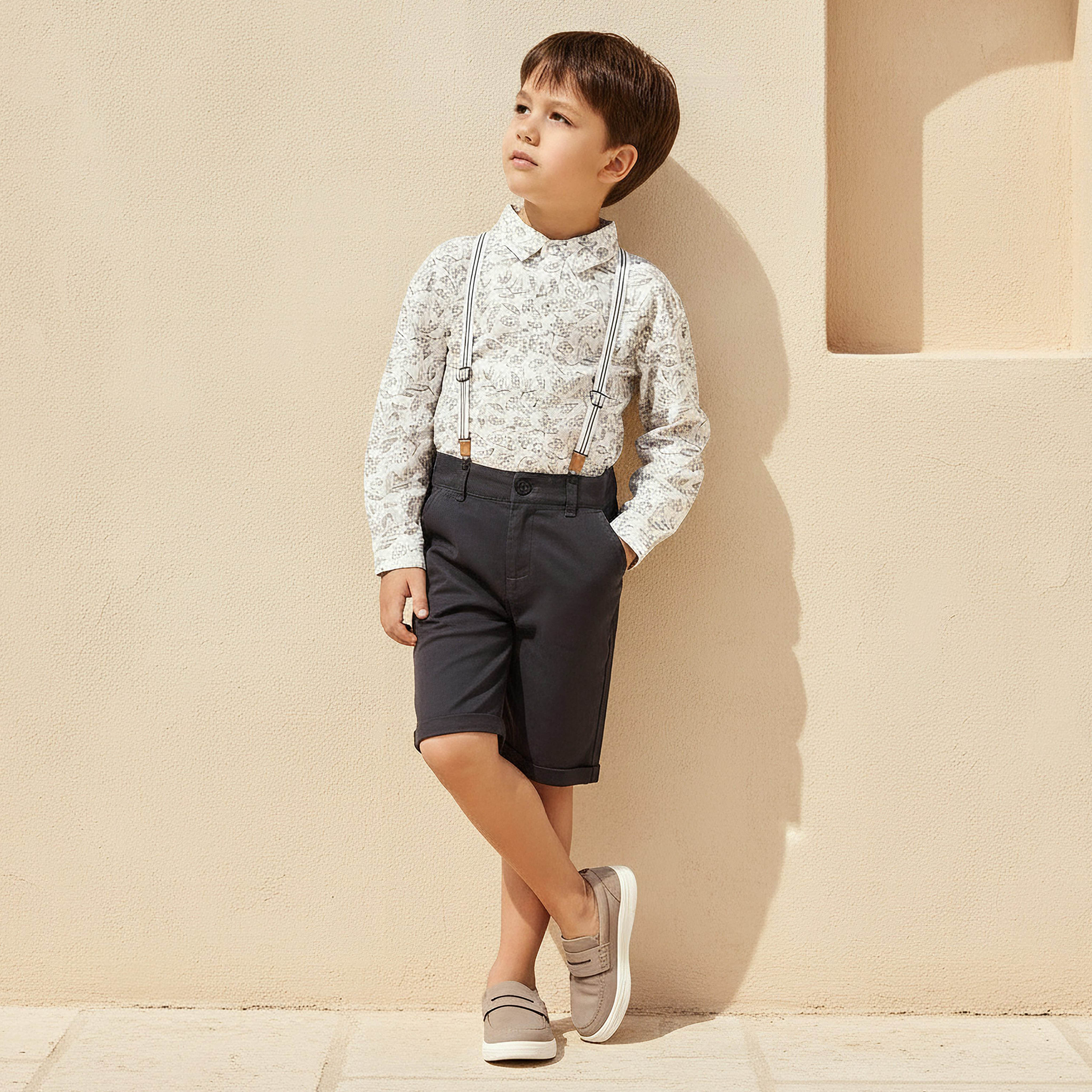 Juniors Collared Long Sleeves Shirt and Shorts Set with Suspender Detail-baby-boys-clothing-setsandcoords-image-2