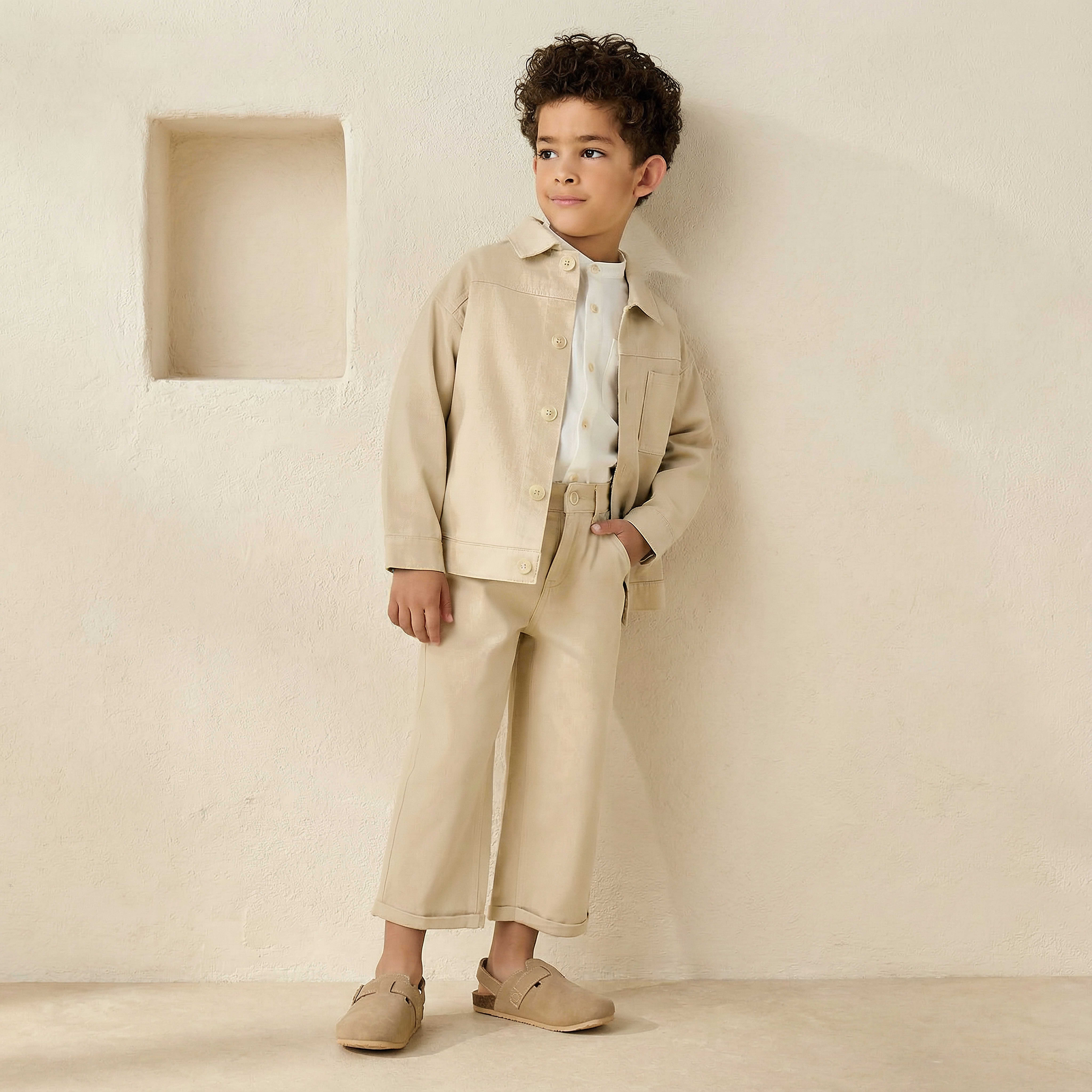 Juniors Collared Neck Long Sleeve Shacket and Pants Set with Pocket-baby-boys-clothing-setsandcoords-image-1