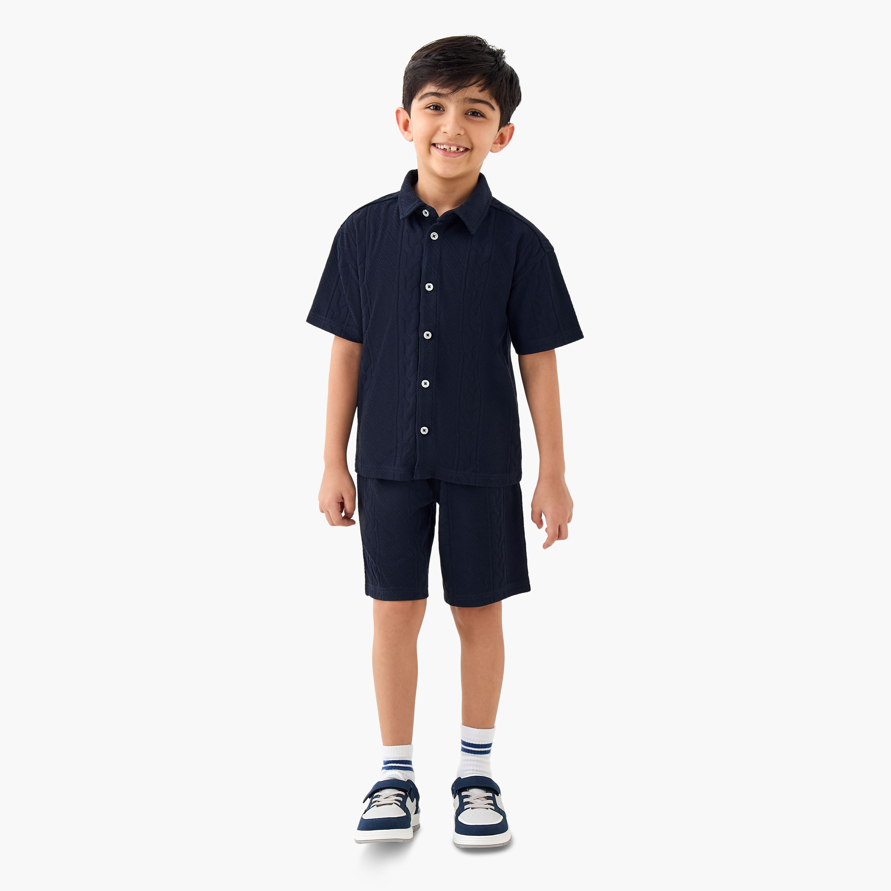 Juniors Boys Shirt and Shorts Set with Textured Detail - Cotton - Short Sleeves - Collar-boys-clothing-setsandcoords-image-1