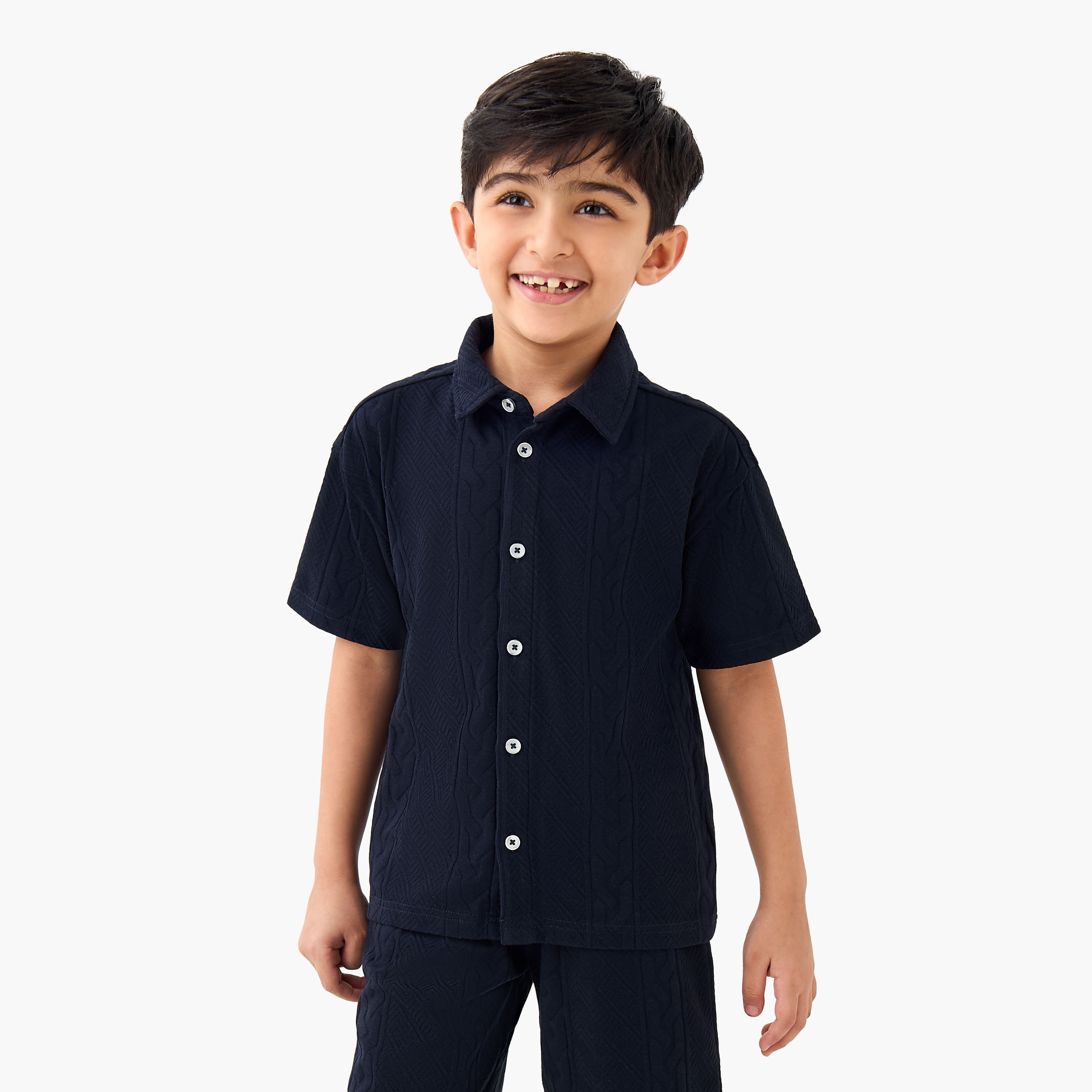 Juniors Boys Shirt and Shorts Set with Textured Detail - Cotton - Short Sleeves - Collar-boys-clothing-setsandcoords-image-2