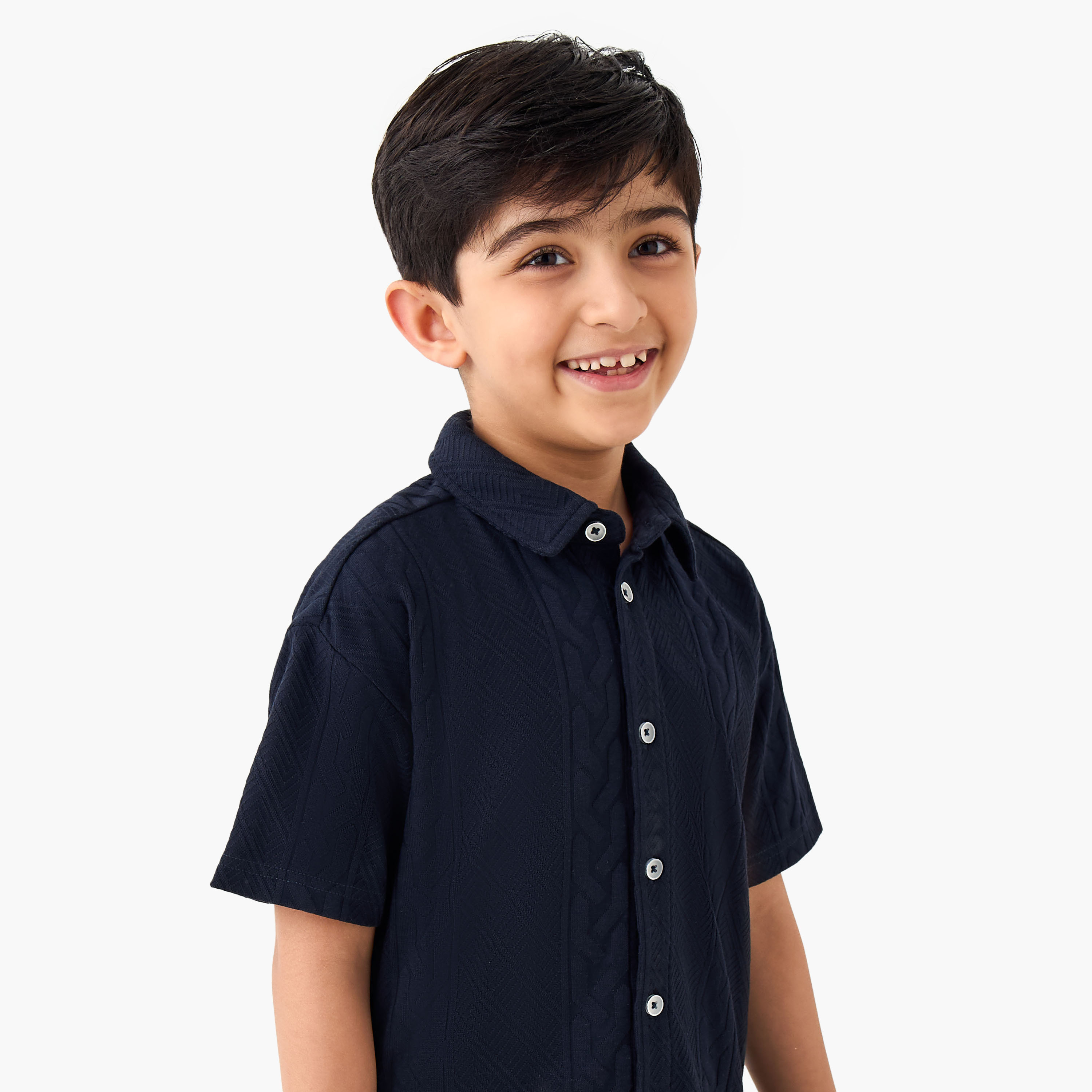 Juniors Boys Shirt and Shorts Set with Textured Detail - Cotton - Short Sleeves - Collar-boys-clothing-setsandcoords-image-5