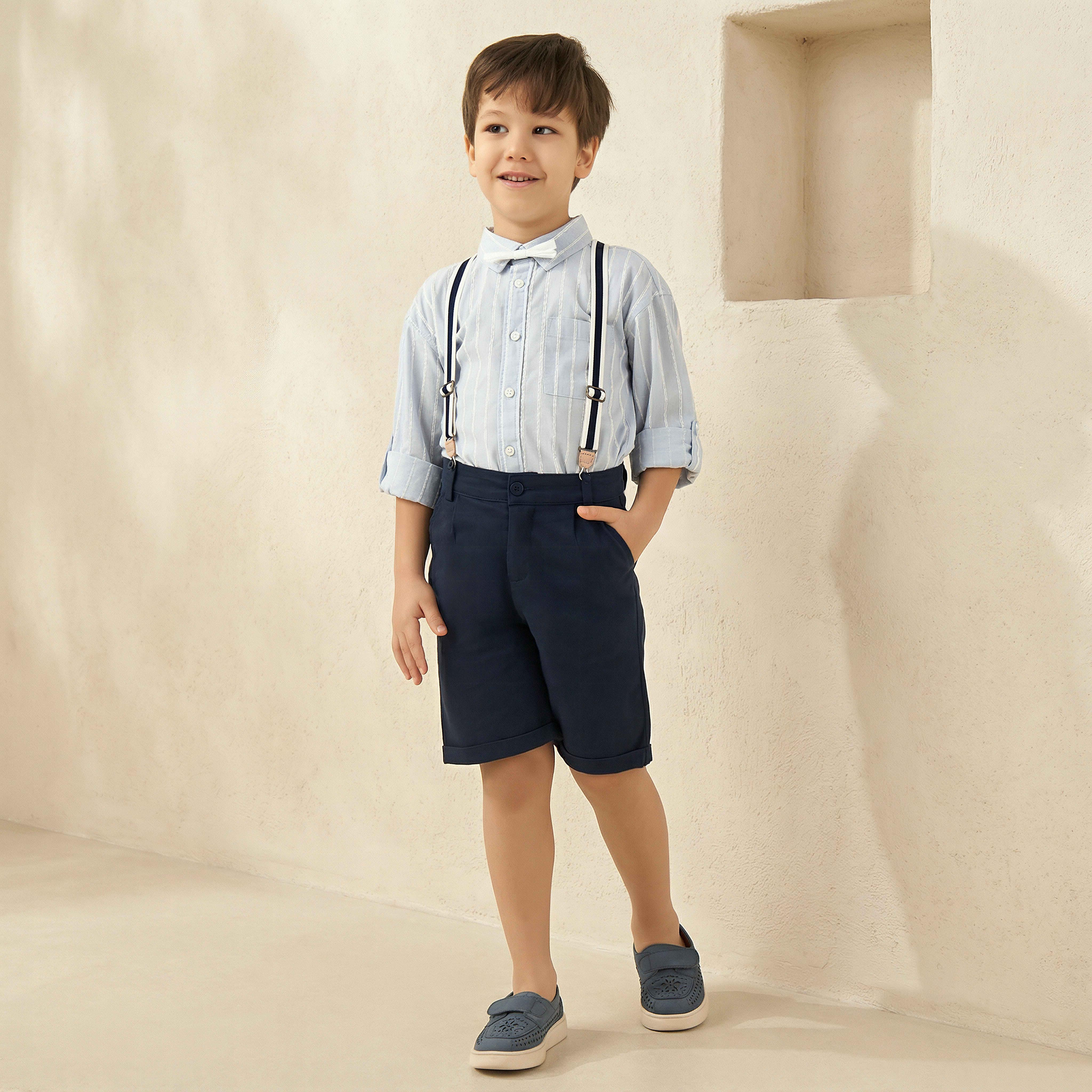 طقم قميص بياقة وأكمام طويلة مع حمالات وشورت بتطريز مخطط من جونيورز-boys-clothing-setsandcoords-image-1