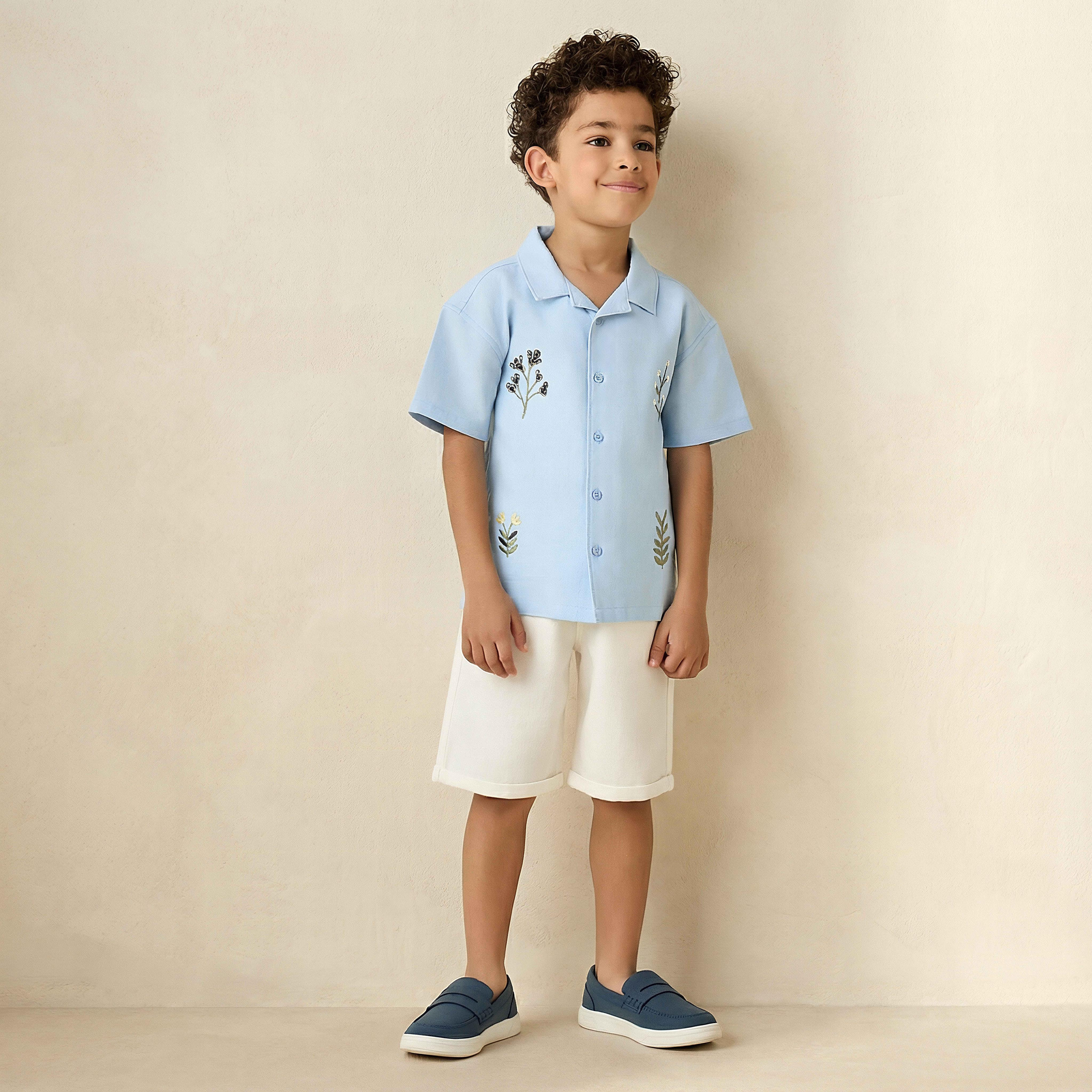 Juniors Camp Collar Short Sleeve Shirt and Shorts Set with Embroidery-boys-clothing-setsandcoords-image-1