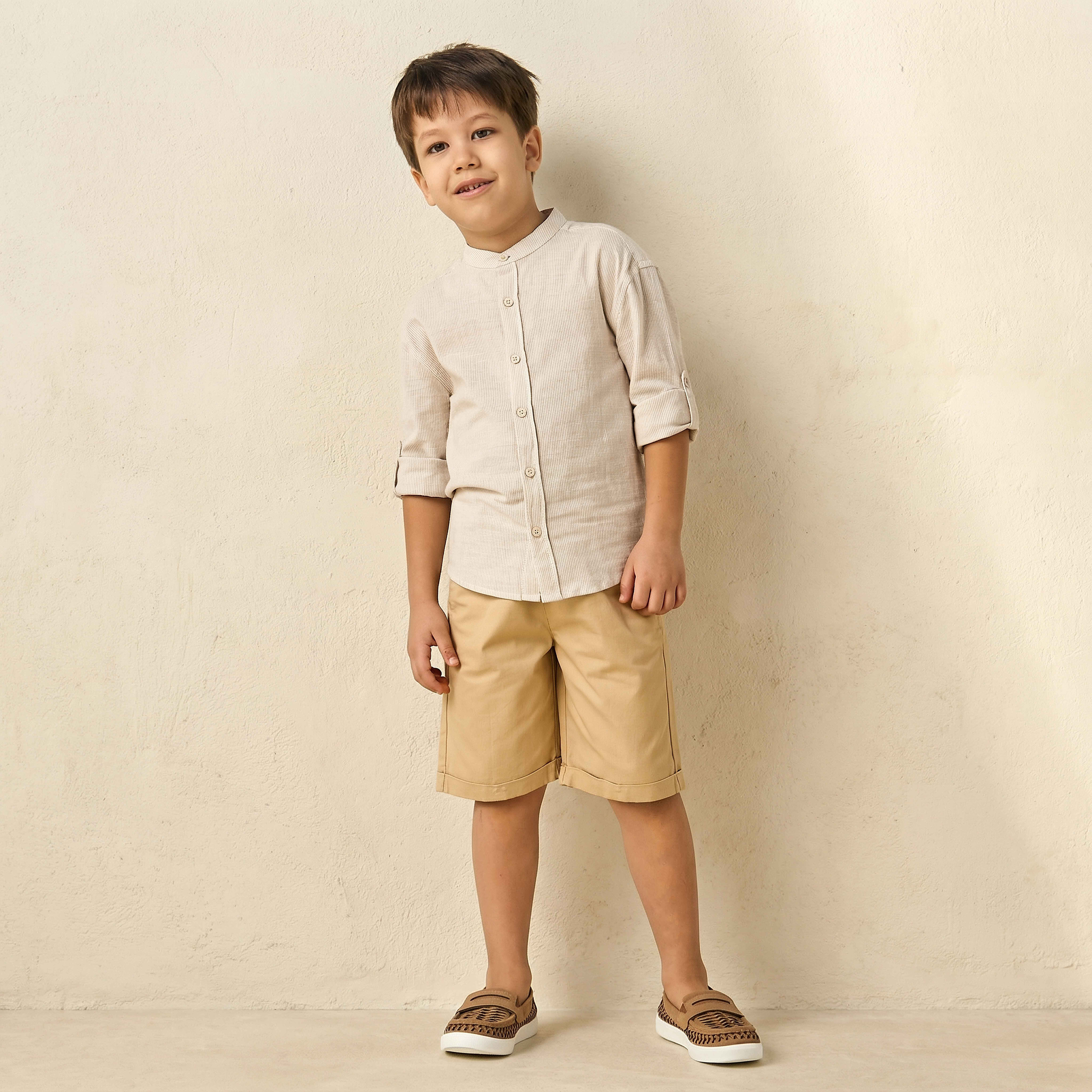 Juniors Mandarin Neck Long Sleeves Shirt and Shorts Set with Stripes-boys-clothing-setsandcoords-image-2
