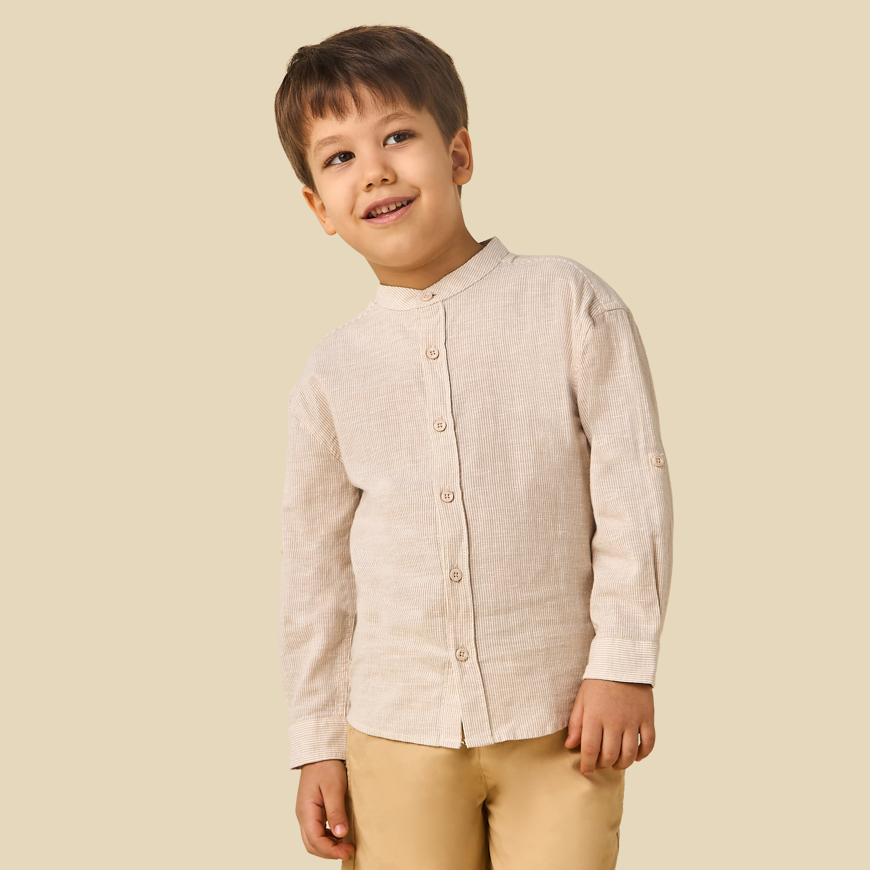 Juniors Mandarin Neck Long Sleeves Shirt and Shorts Set with Stripes-boys-clothing-setsandcoords-image-3
