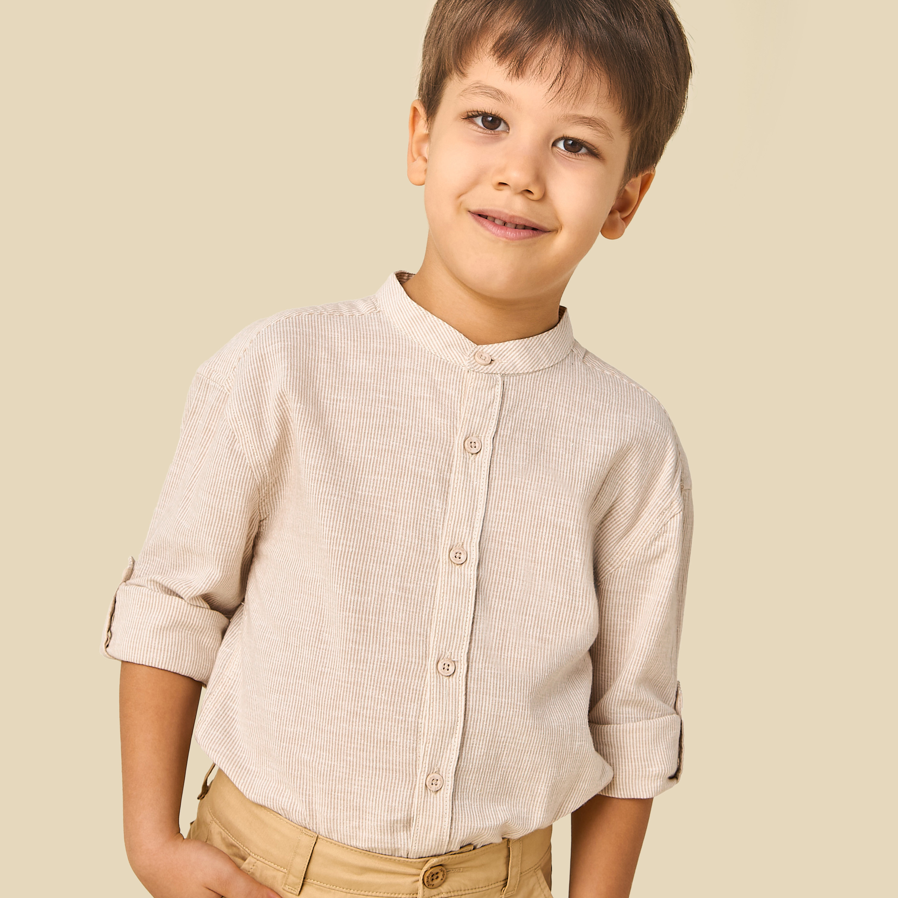 Juniors Mandarin Neck Long Sleeves Shirt and Shorts Set with Stripes-boys-clothing-setsandcoords-image-7