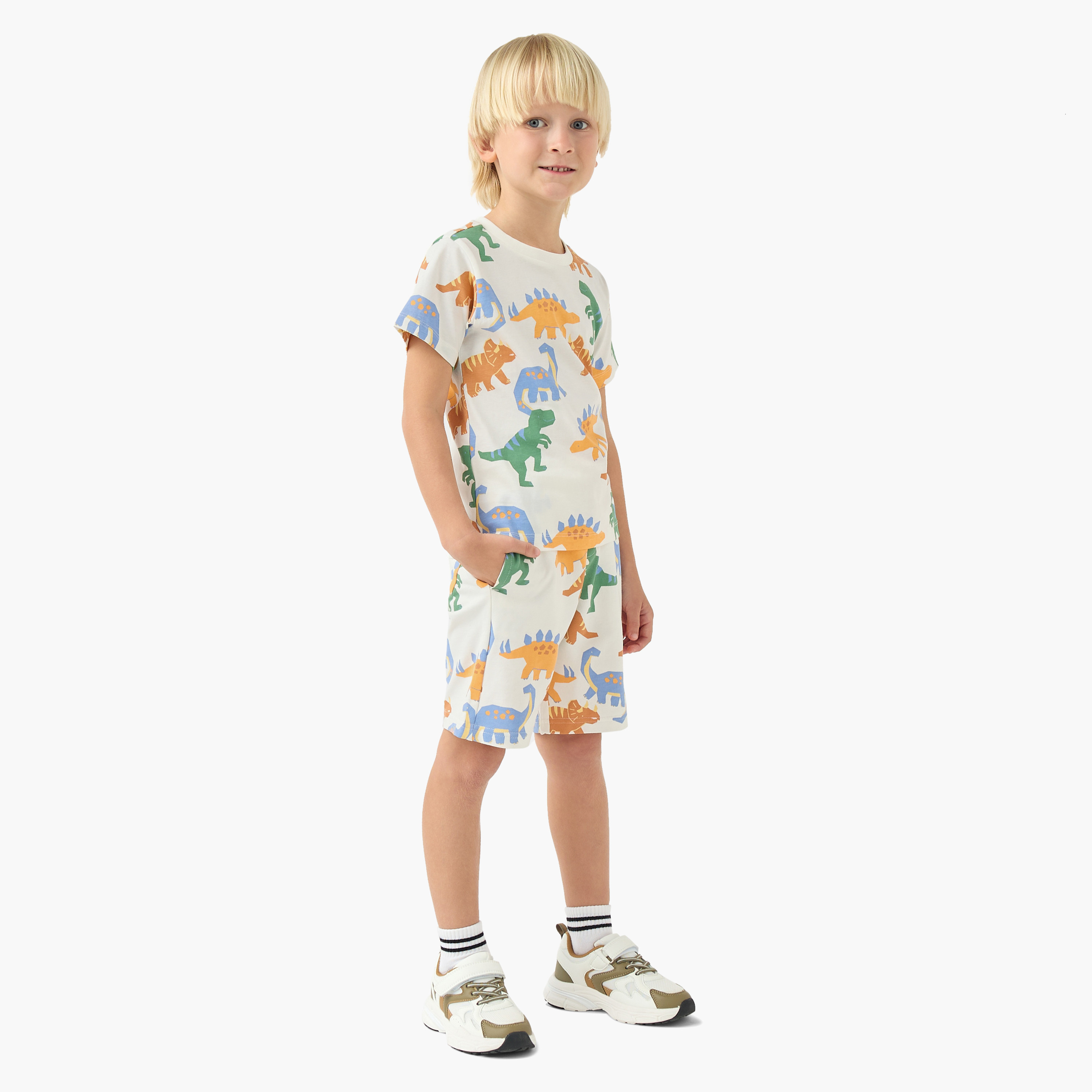 Juniors Crew Neck Short Sleeves T-shirt and Shorts Set with Dinosaur Print-boys-clothing-setsandcoords-image-1