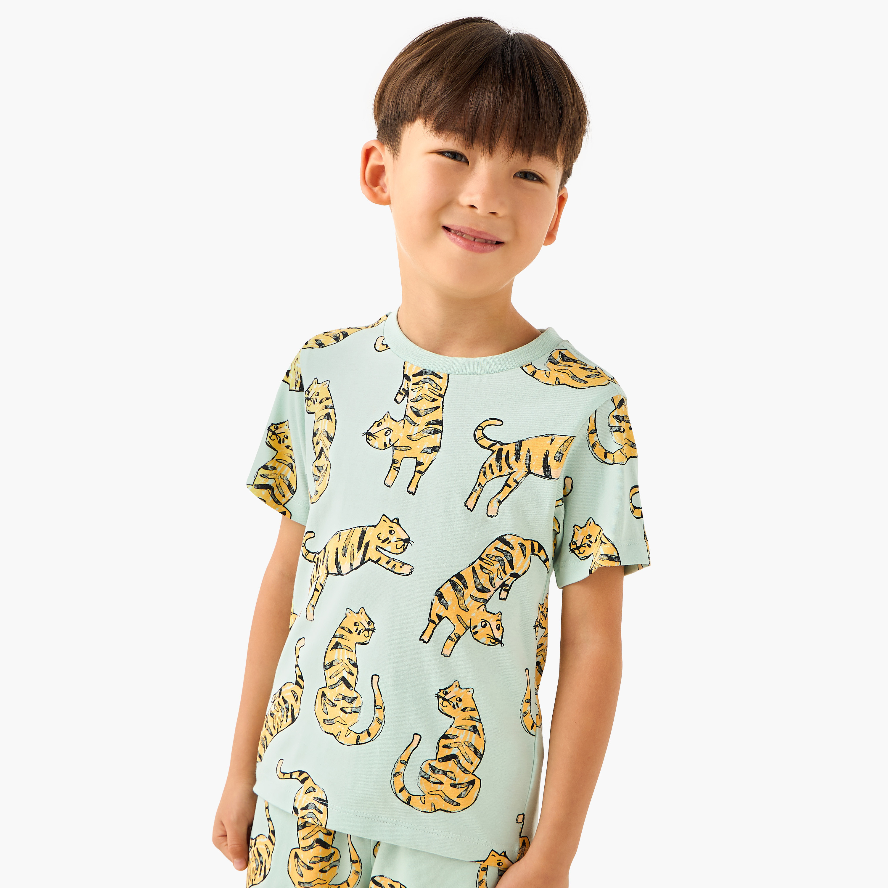 Juniors Crew Neck Short Sleeves T-shirt and Shorts Set with Tiger Print-boys-clothing-setsandcoords-image-2