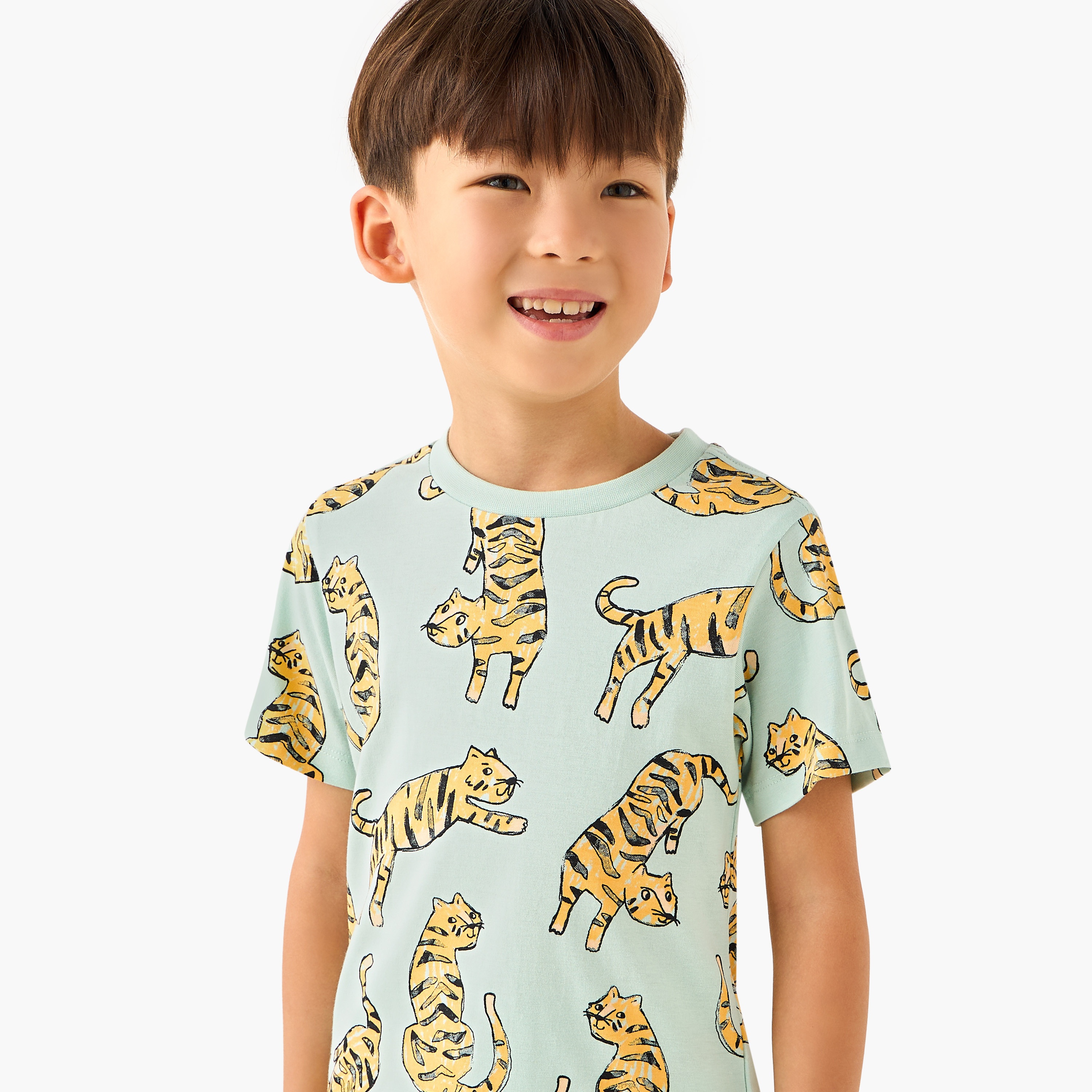Juniors Crew Neck Short Sleeves T-shirt and Shorts Set with Tiger Print-boys-clothing-setsandcoords-image-5
