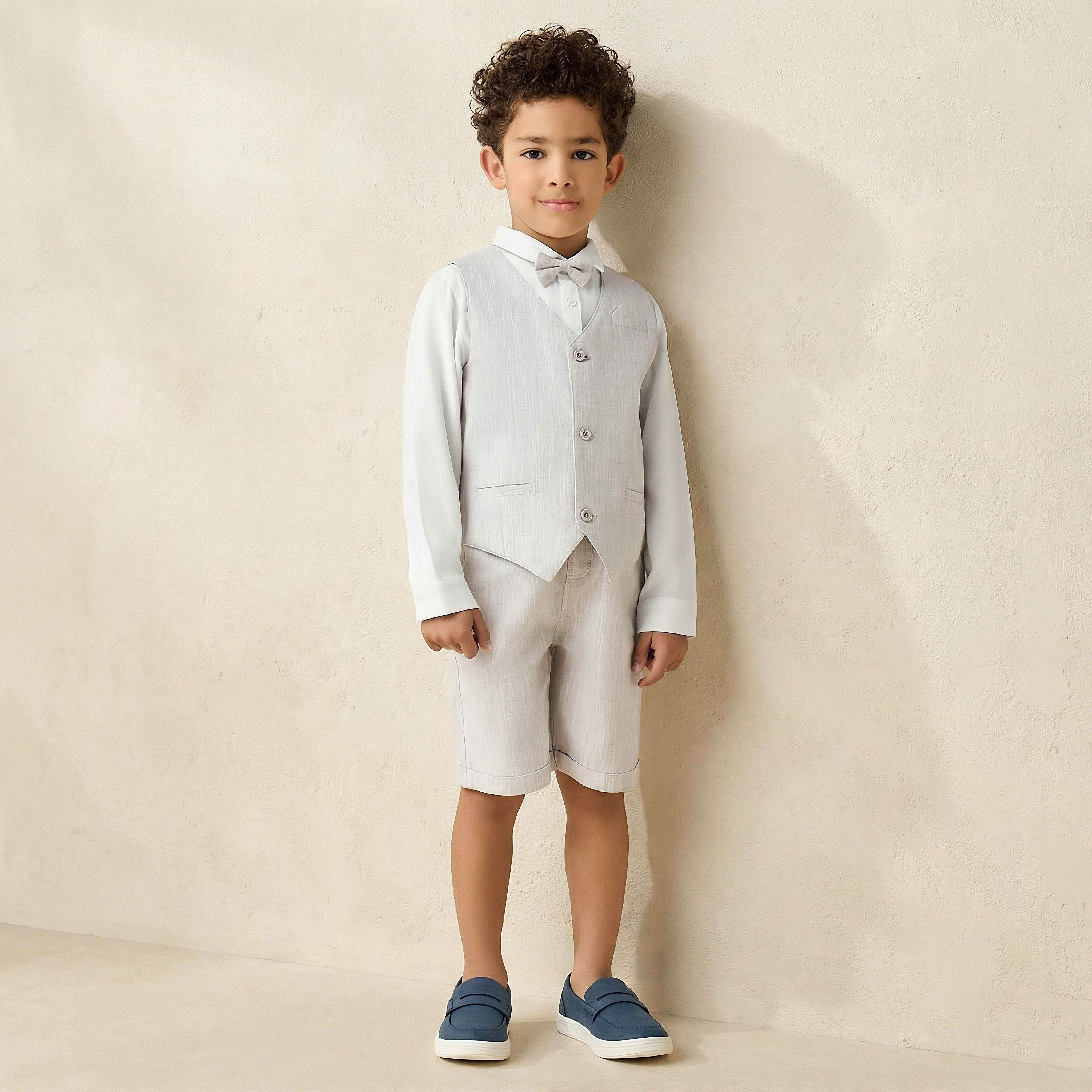 Juniors Collared Long Sleeves Shirt and Shorts with Waistcoat and Bow Tie-baby-boys-clothing-setsandcoords-image-1