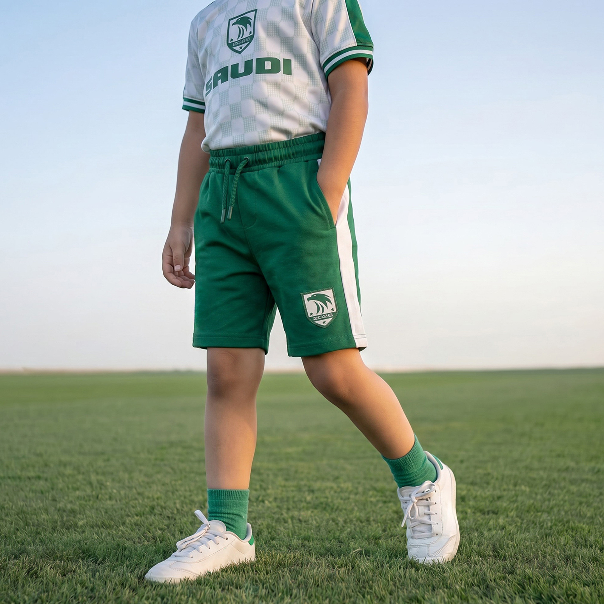 Juniors Crew Neck Short Sleeves T-shirt and Shorts Set with Saudi Arabia Print-boys-clothing-sportswear-sets-image-4