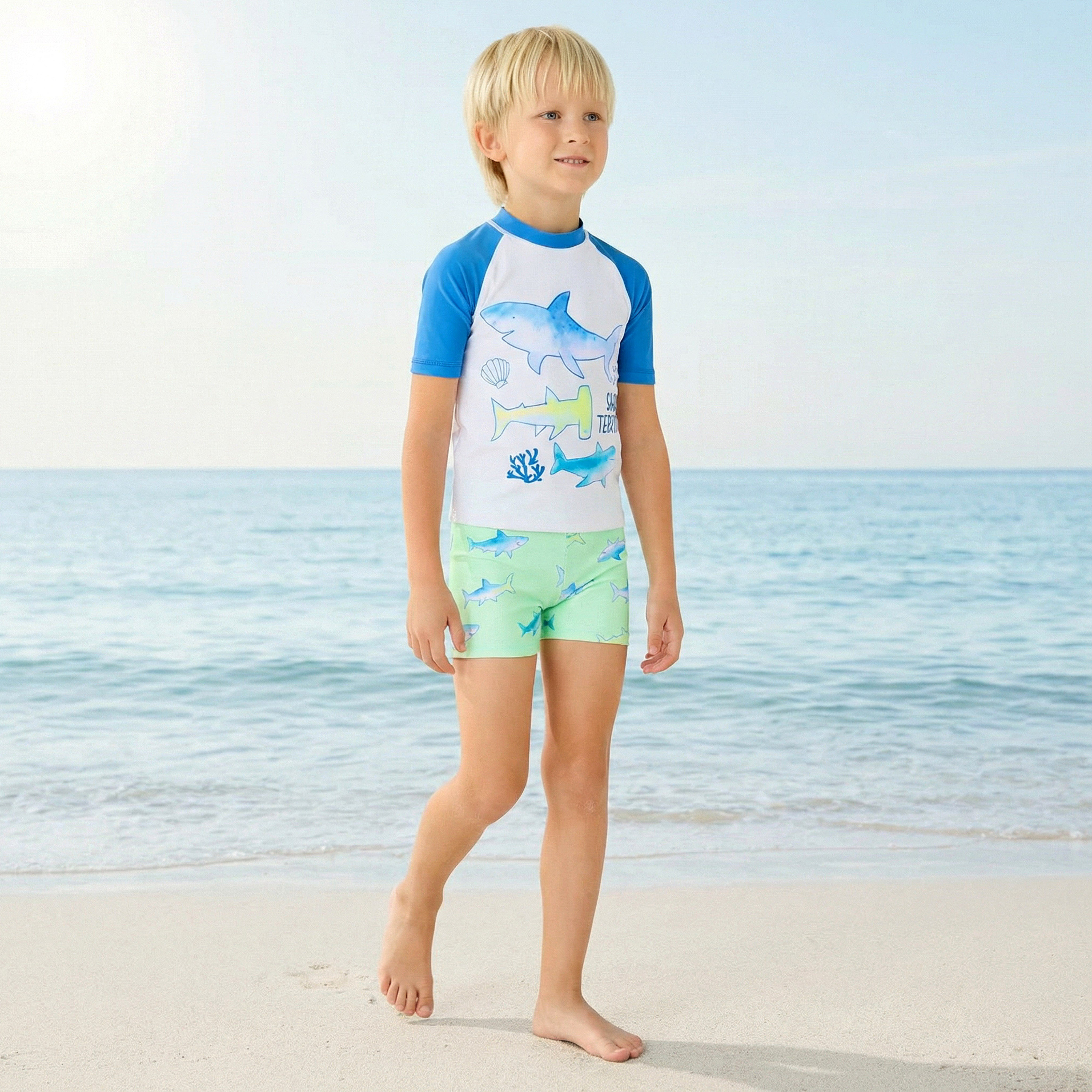 Juniors Round Neck Short Sleeve Swim T-shirt and Shorts Set with Shark Print-boys-clothing-swimwear-image-1