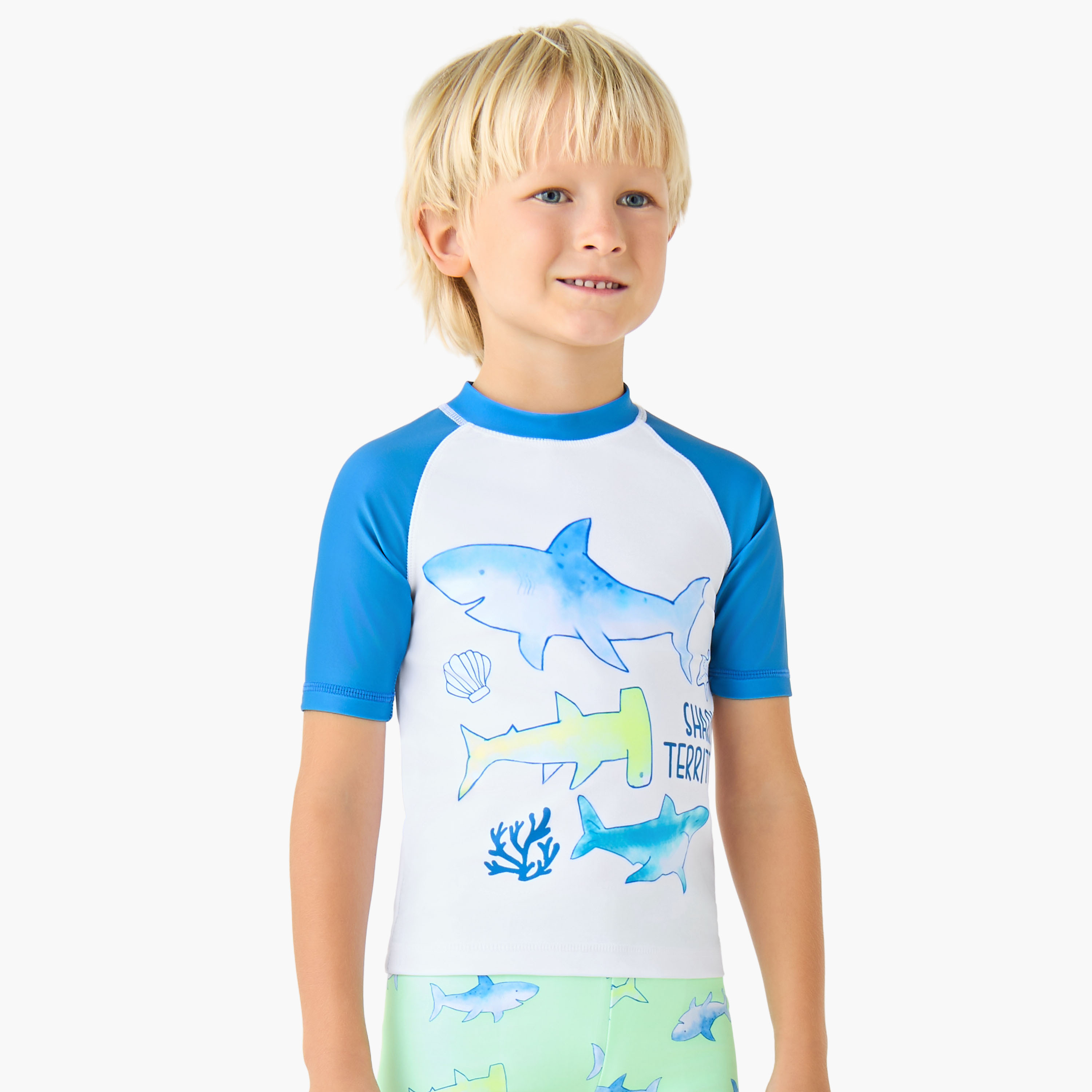 Juniors Round Neck Short Sleeve Swim T-shirt and Shorts Set with Shark Print-boys-clothing-swimwear-image-2