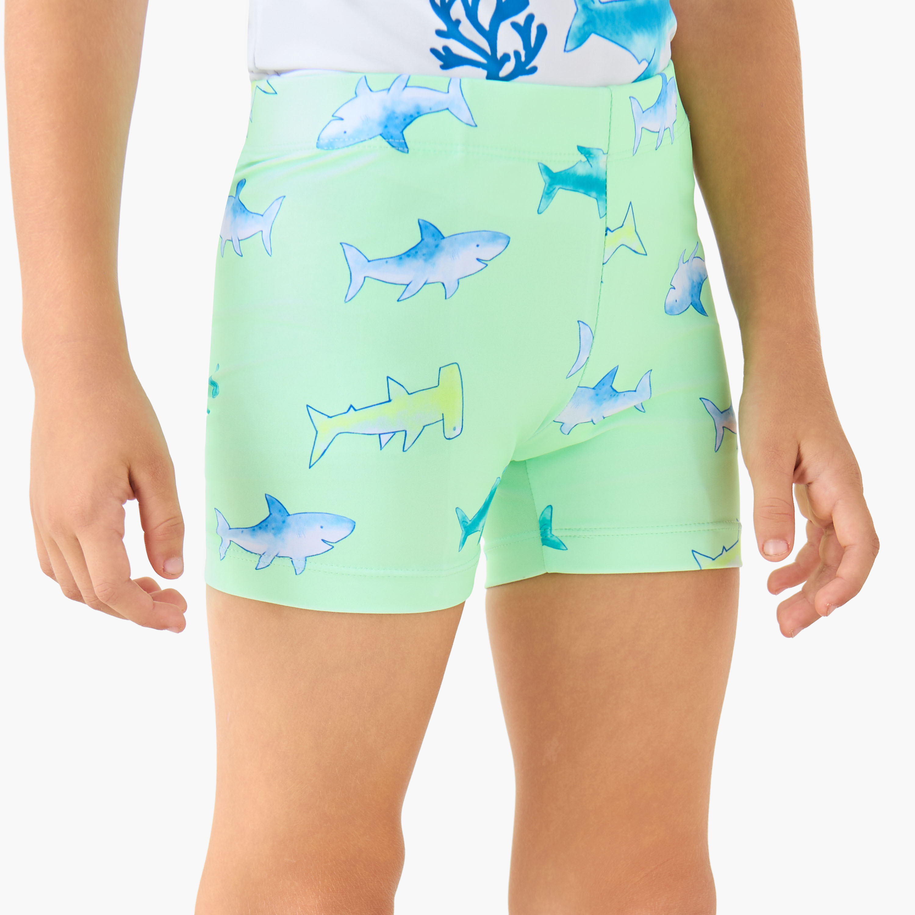 Juniors Round Neck Short Sleeve Swim T-shirt and Shorts Set with Shark Print-boys-clothing-swimwear-image-3