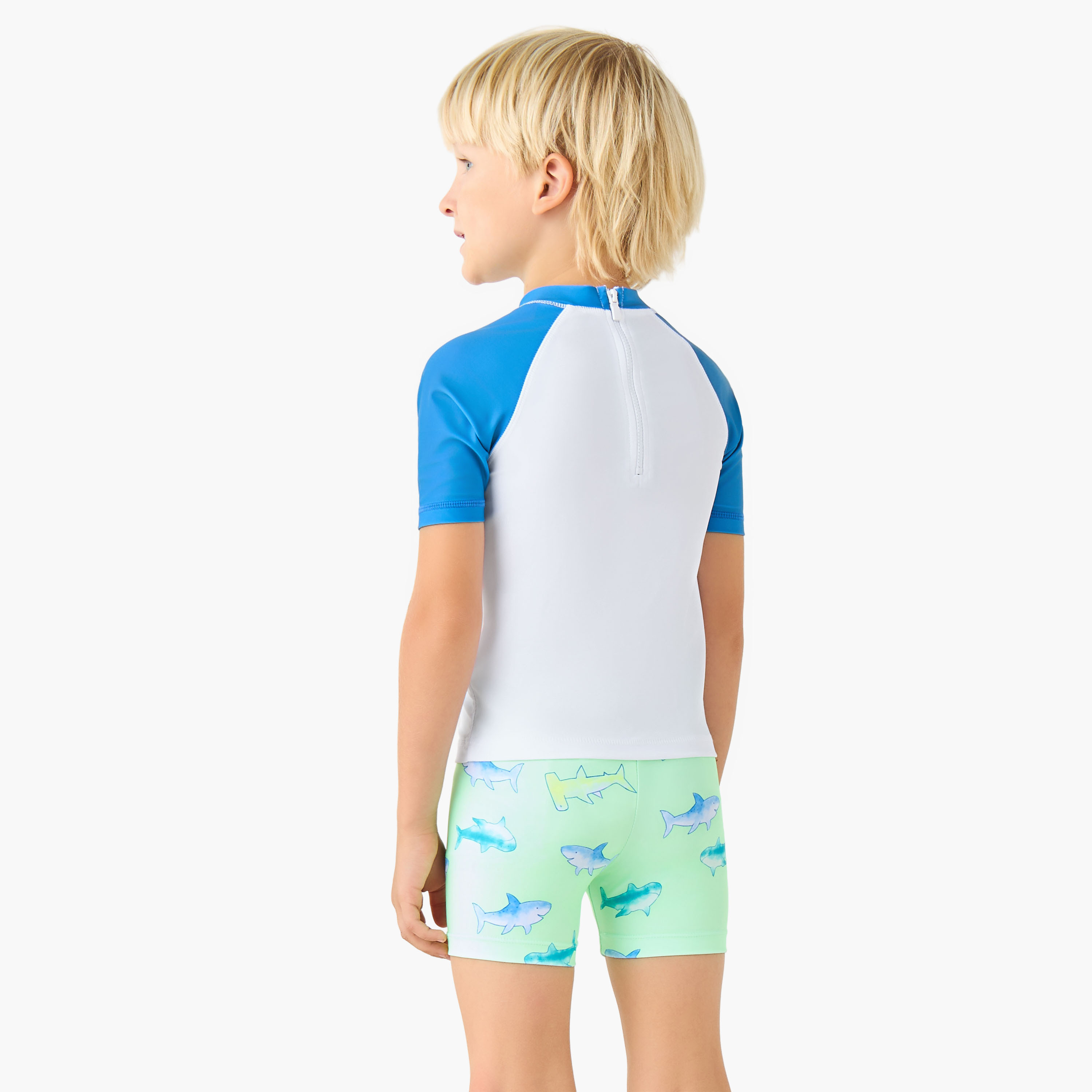 Juniors Round Neck Short Sleeve Swim T-shirt and Shorts Set with Shark Print-boys-clothing-swimwear-image-4