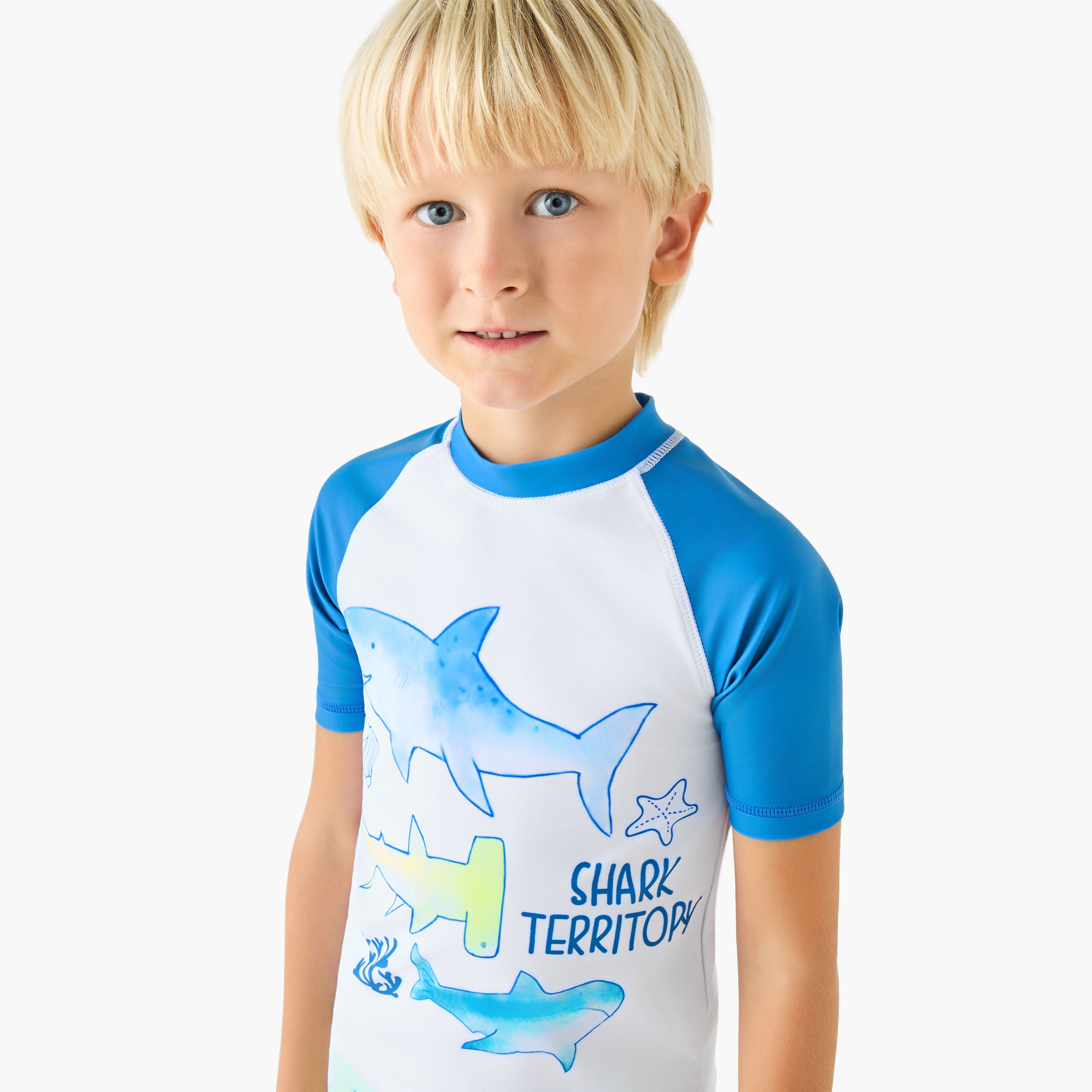 Juniors Round Neck Short Sleeve Swim T-shirt and Shorts Set with Shark Print-boys-clothing-swimwear-image-5