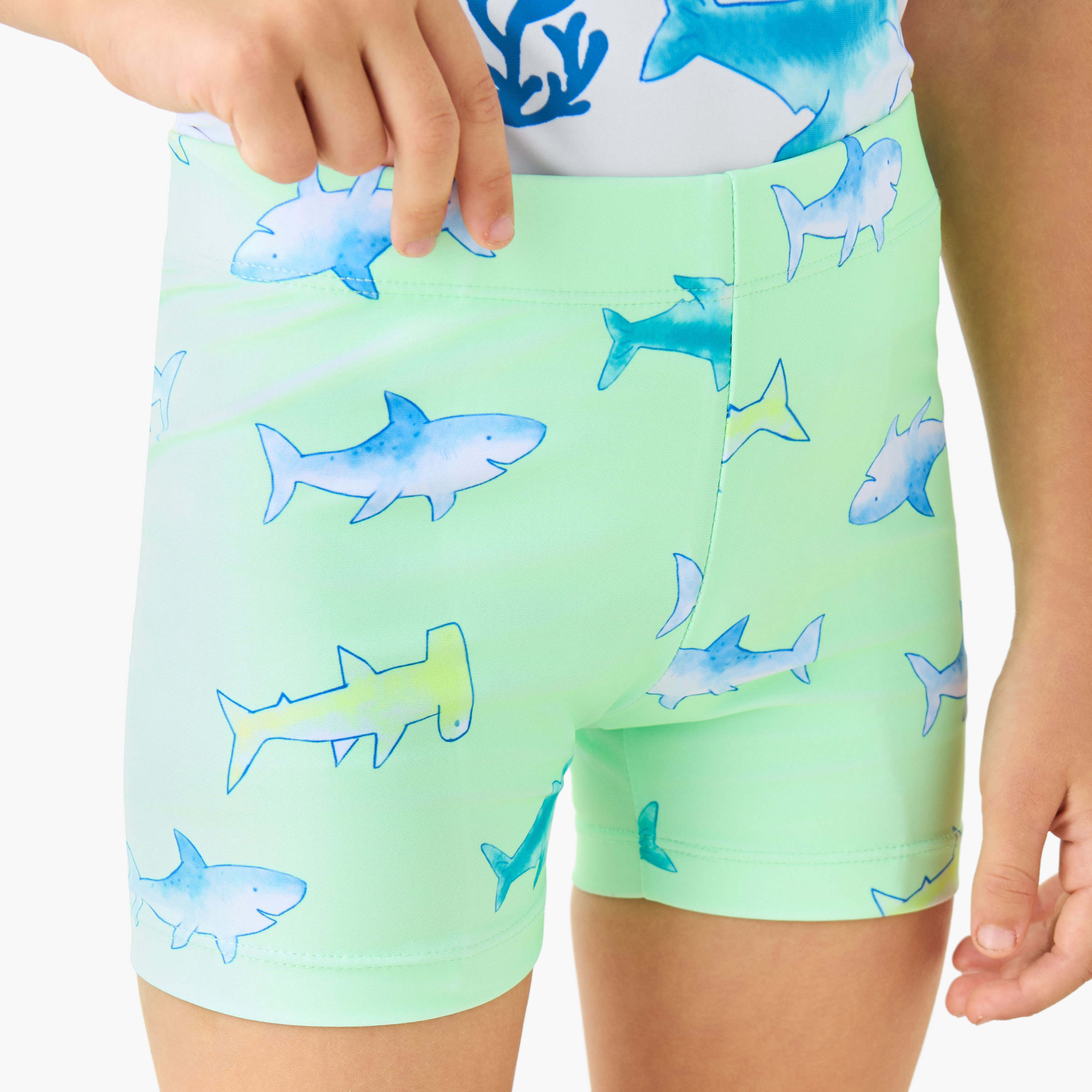 Juniors Round Neck Short Sleeve Swim T-shirt and Shorts Set with Shark Print-boys-clothing-swimwear-image-6