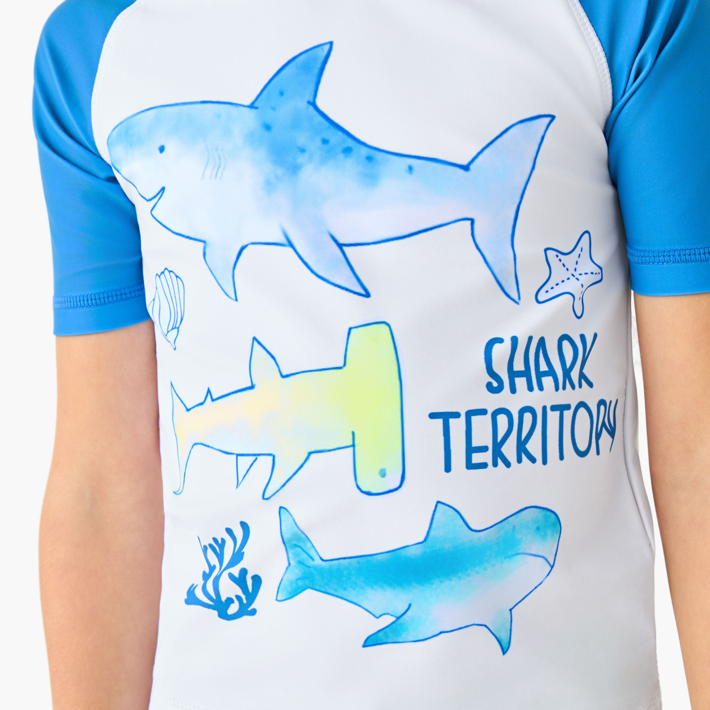 Juniors Round Neck Short Sleeve Swim T-shirt and Shorts Set with Shark Print-boys-clothing-swimwear-image-7