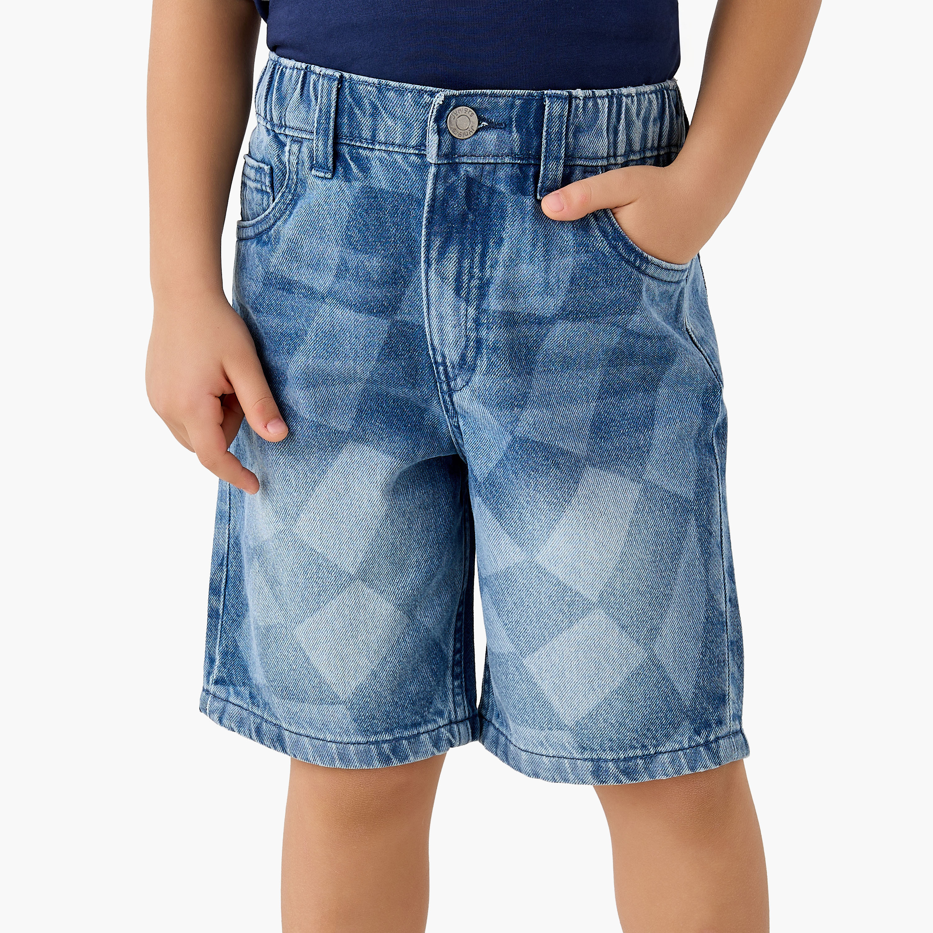 Juniors Elastic Waist Denim Shorts with Checked Design-boys-clothing-bottoms-shorts-image-1